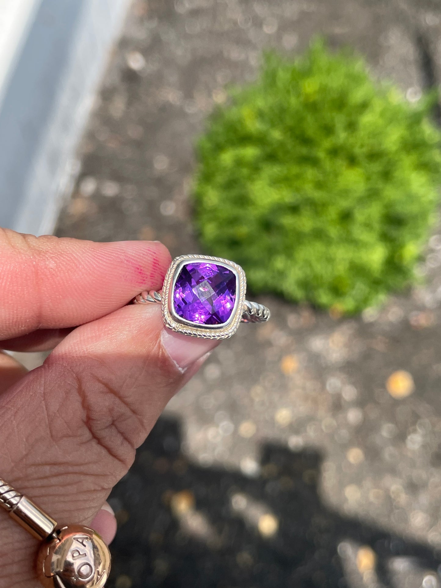 925 Sterling Silver Cushion Cut Amethyst Cable Band Ring Size 9