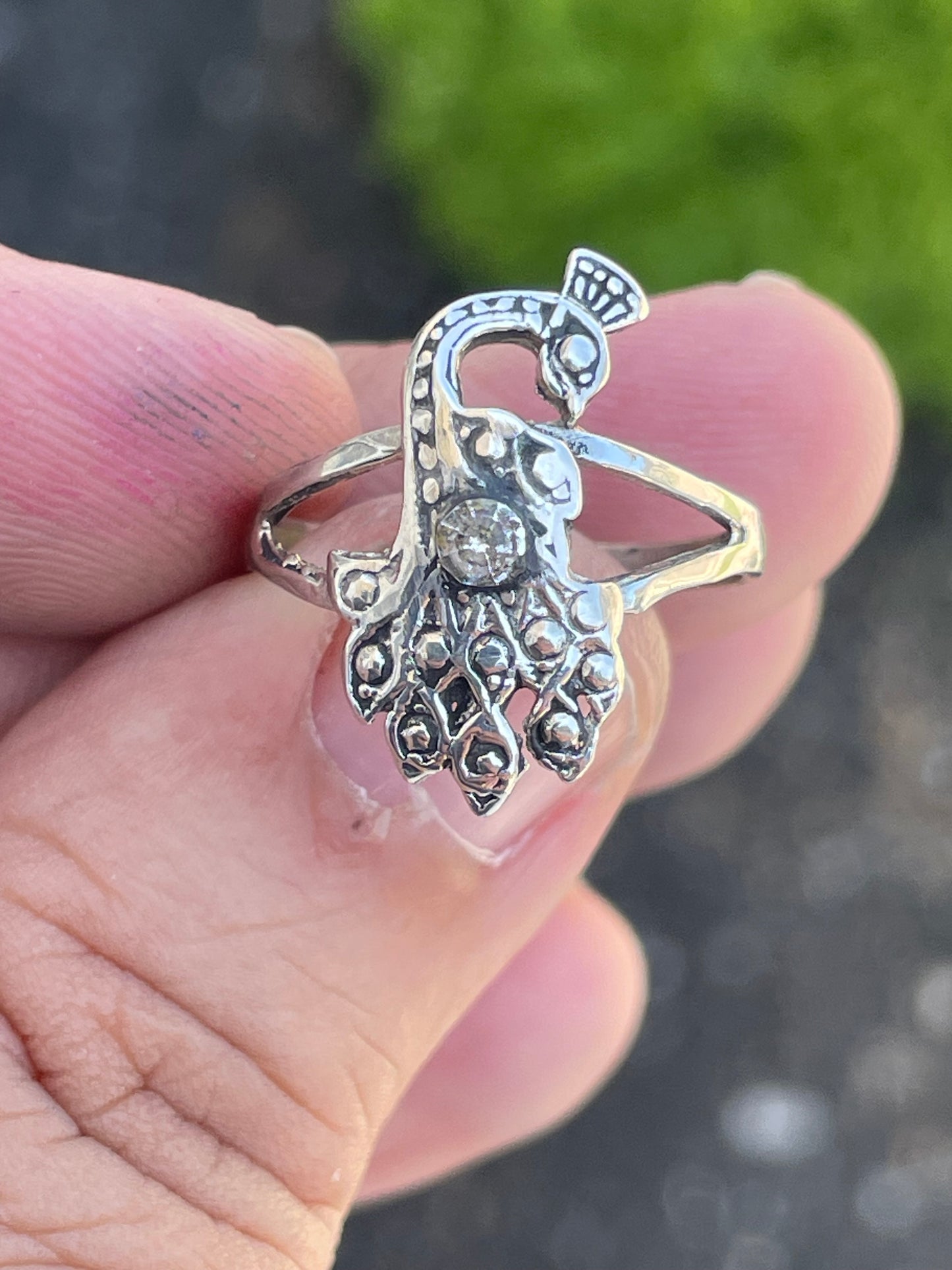 925 Sterling Silver Peacock Ring with Marcasite stones size 7.5