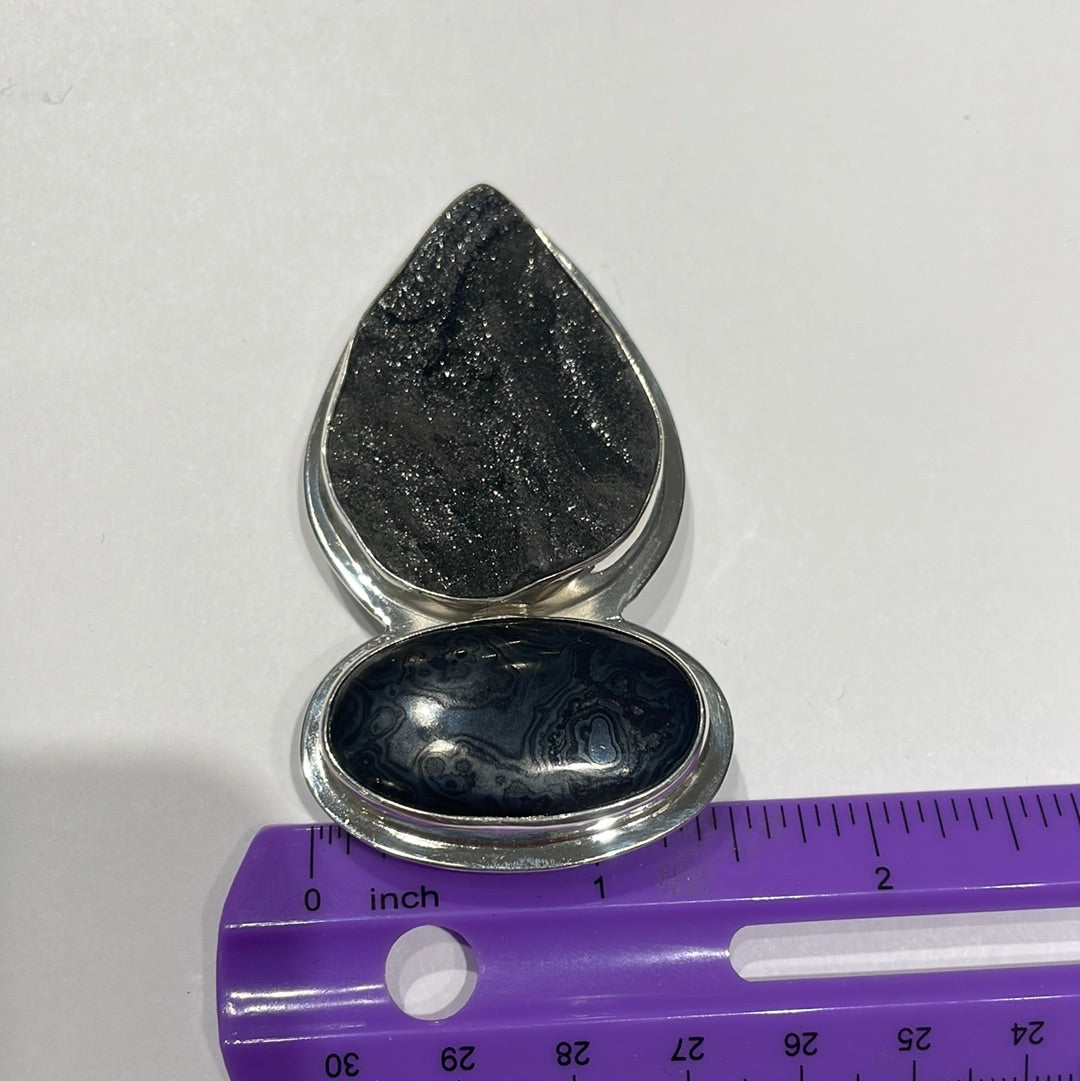 Designer Chris Bales Elligators 925 Sterling Silver Black Druzy & Onyx Pin Pendant