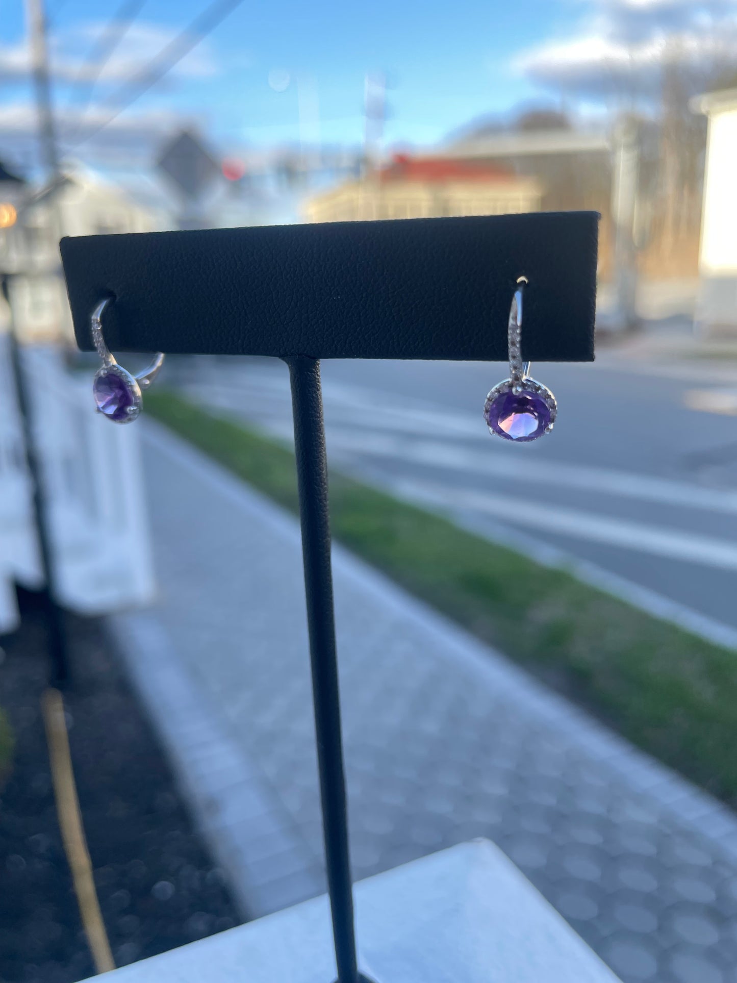 14k White Gold Amethyst & Diamond Leverback Dangle Earrings
