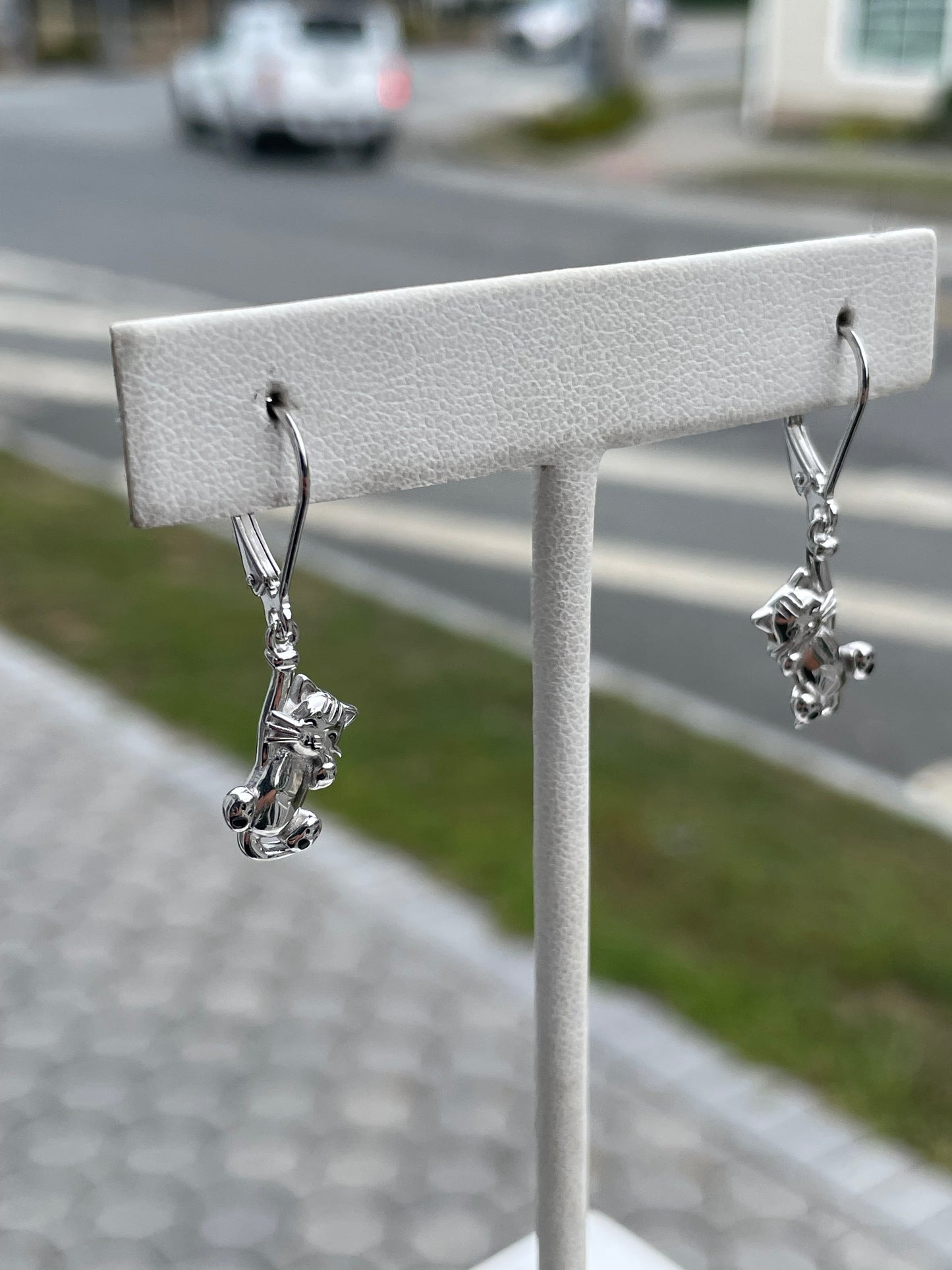 925 Sterling Silver Playful Cat Dangle Earrings