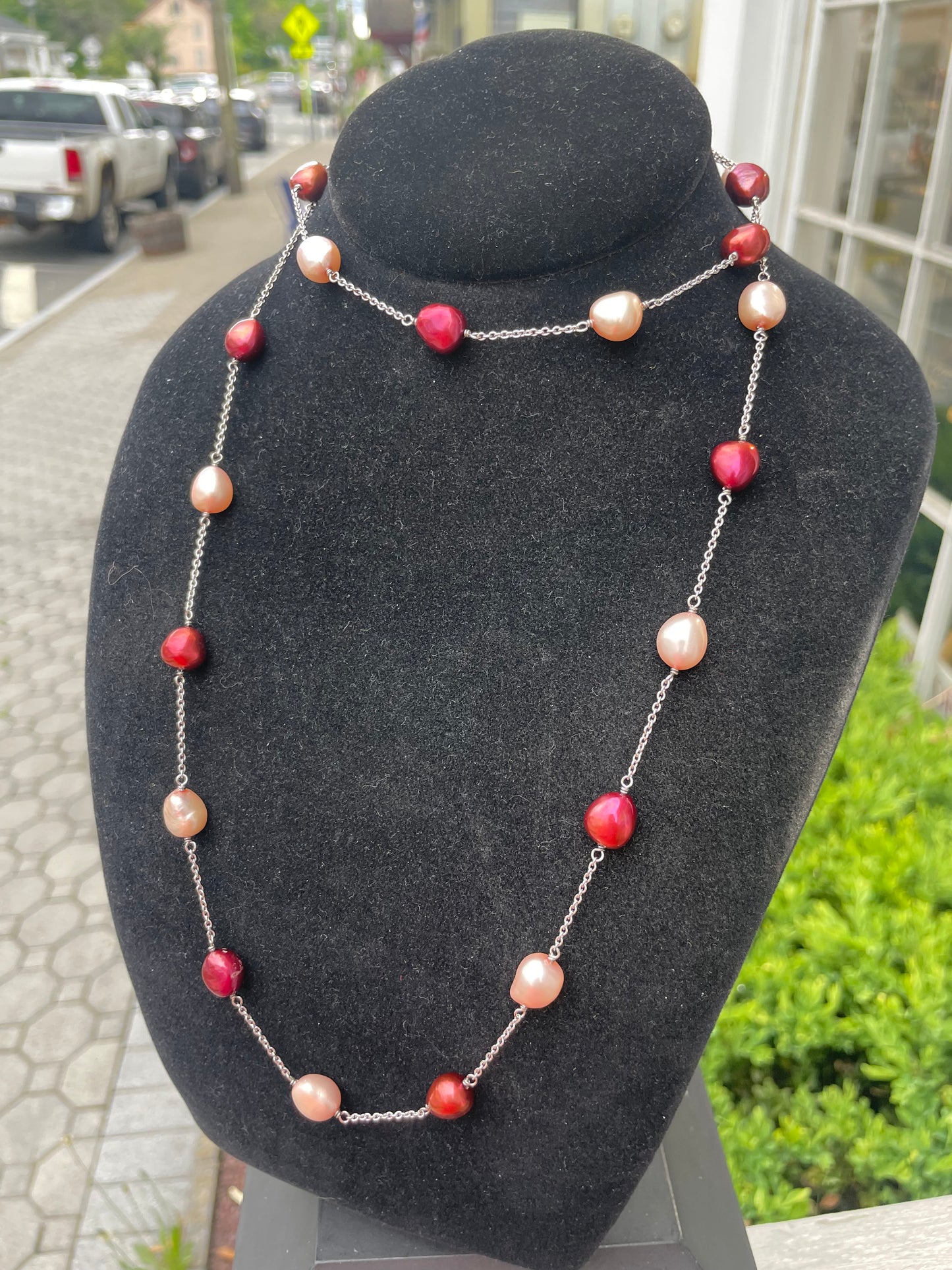 925 Sterling Silver Colored Freshwater Pearl Necklace 32”