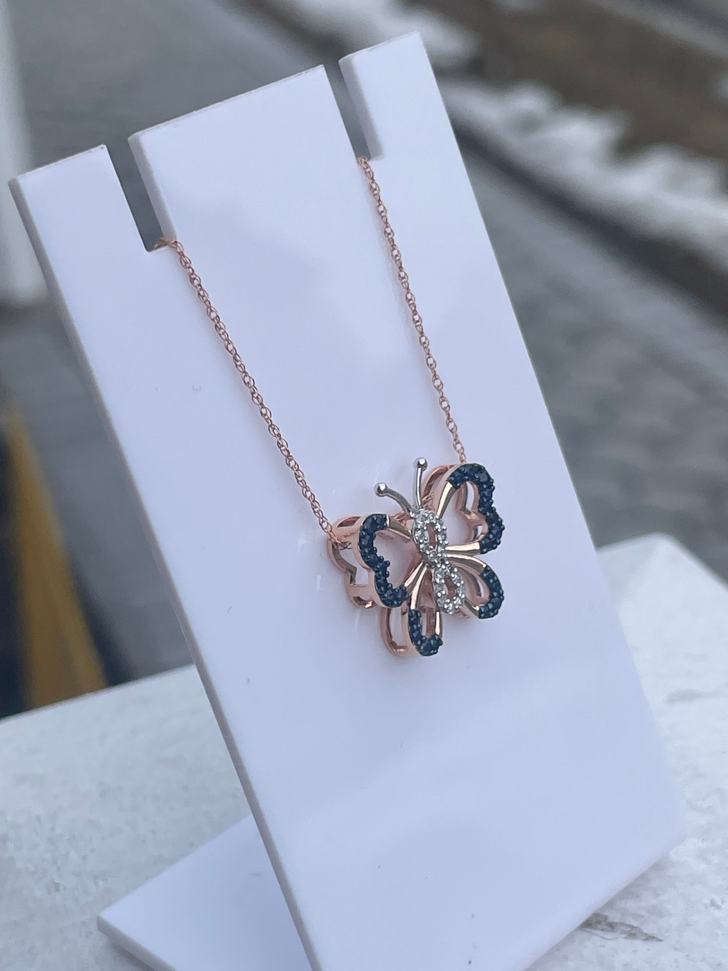 10k Rose Gold Natural Sapphire & Diamond Butterfly Necklace 18”