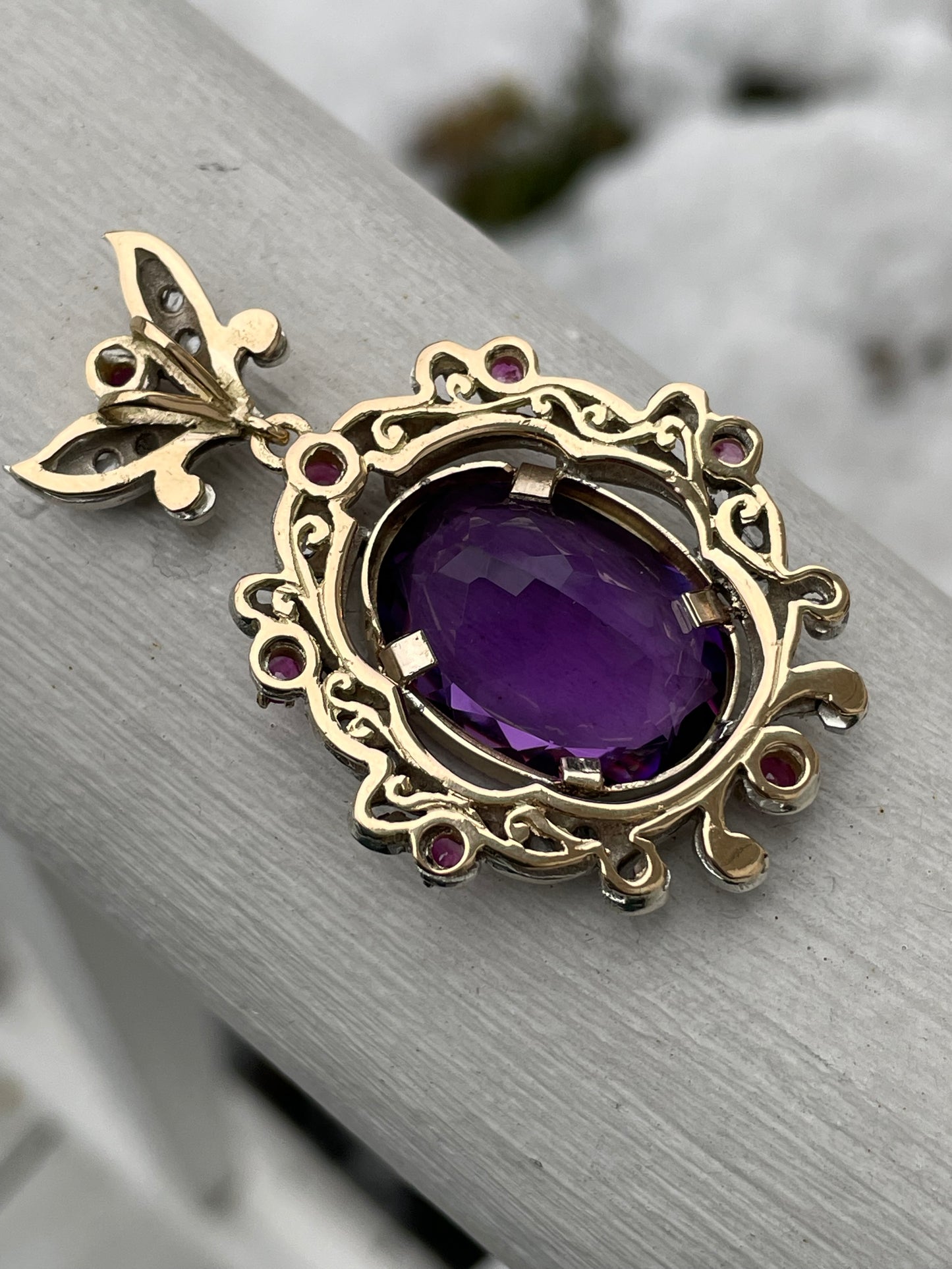 14k & 925 Silver Antique Amethyst Ruby & Diamond Pendant (K31)