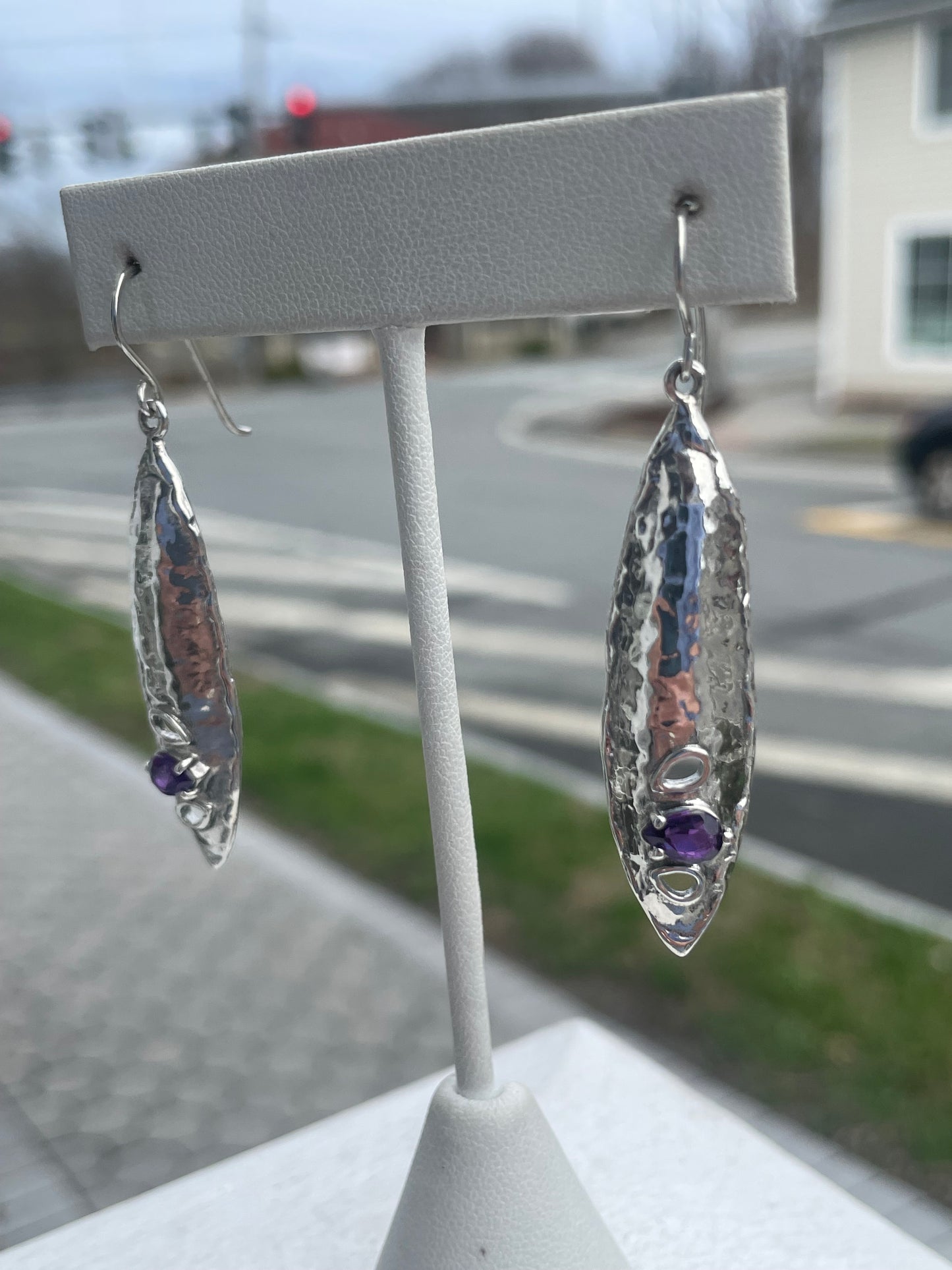 Designer Paz Israel 925 Sterling Silver Hammered Shield Amethyst Dangle Earrings