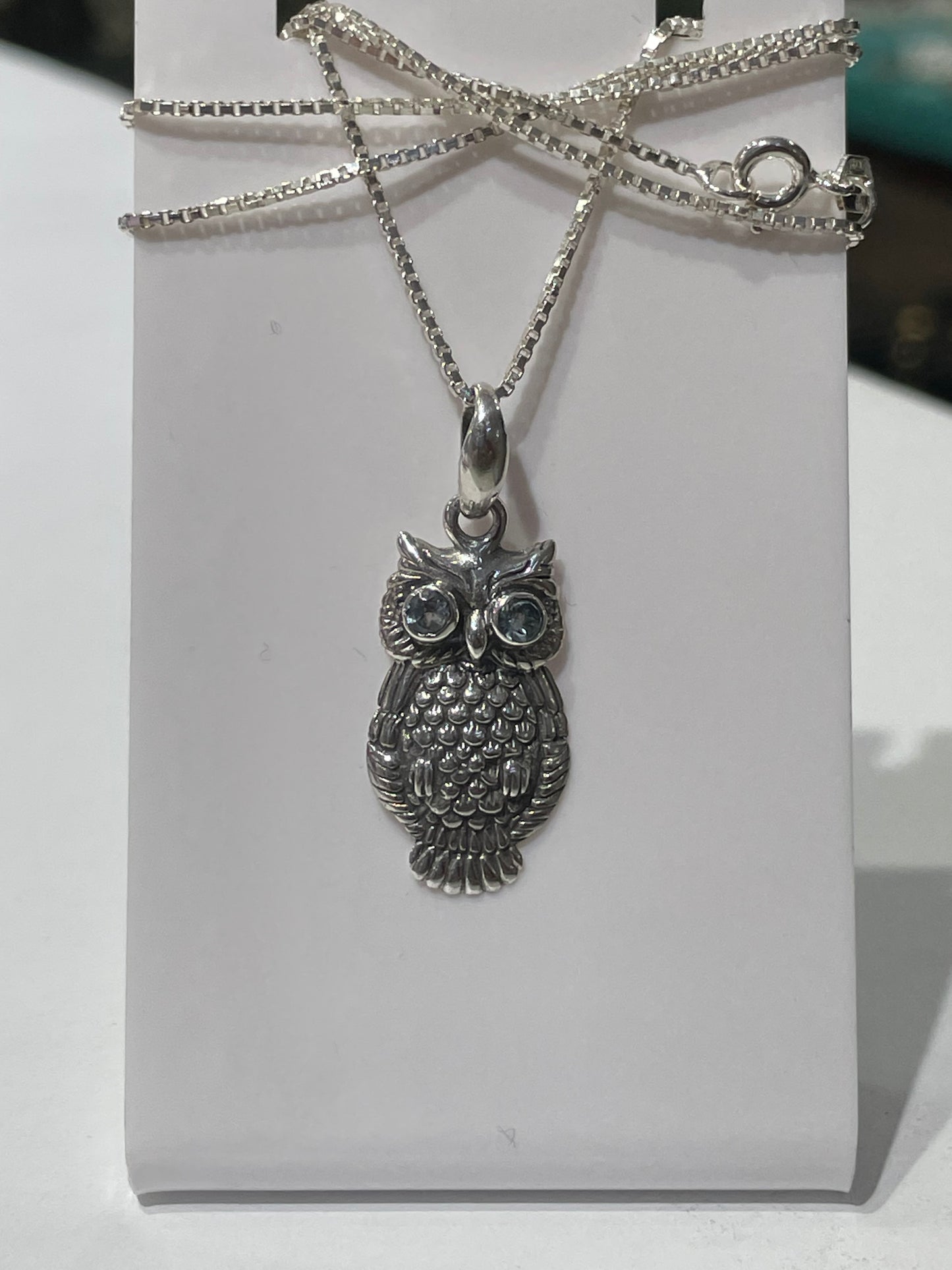 925 Sterling Silver Aquamarine Eyes Owl Necklace