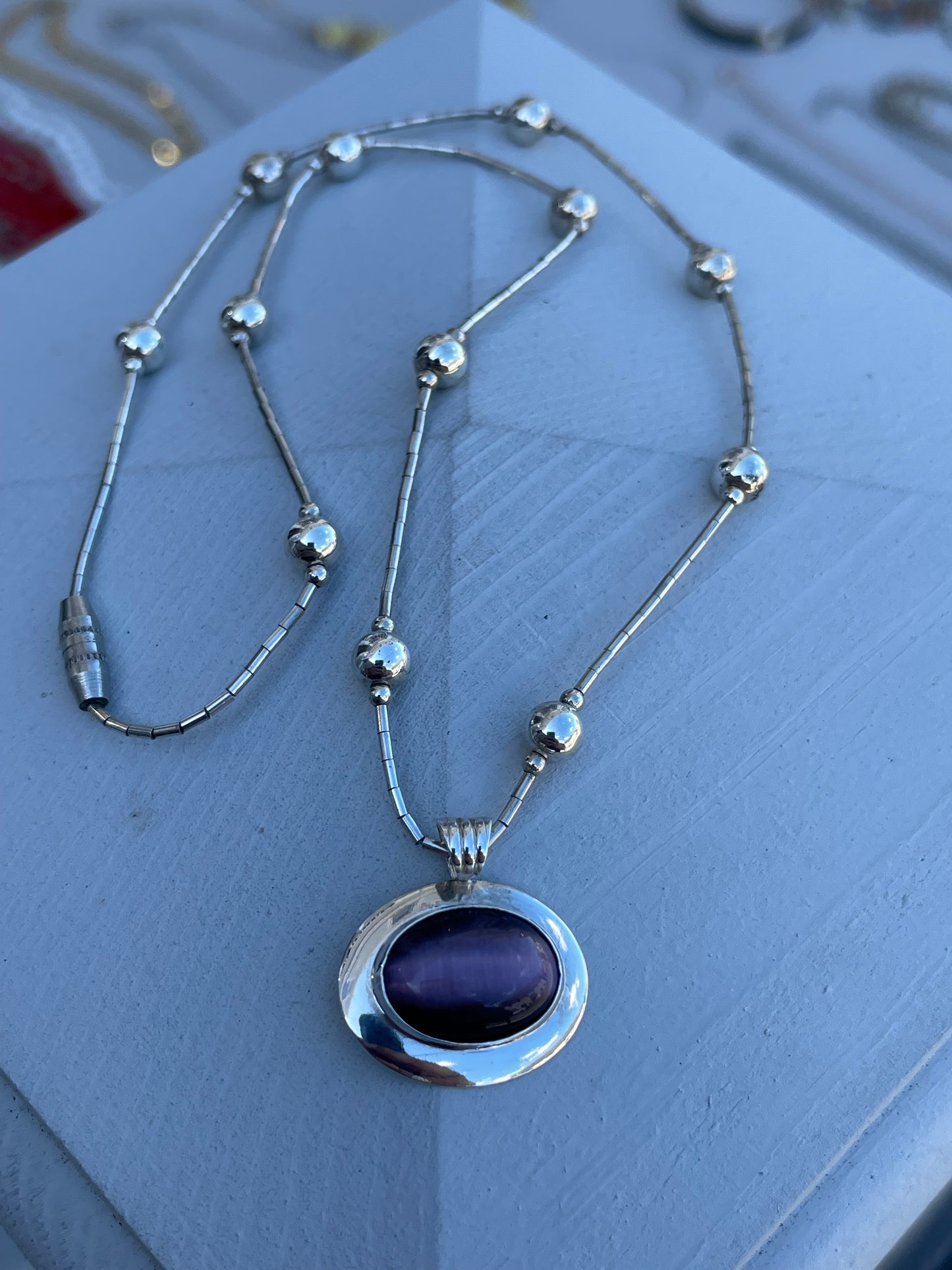 925 Sterling Silver Purple Cats Eye Beaded Necklace