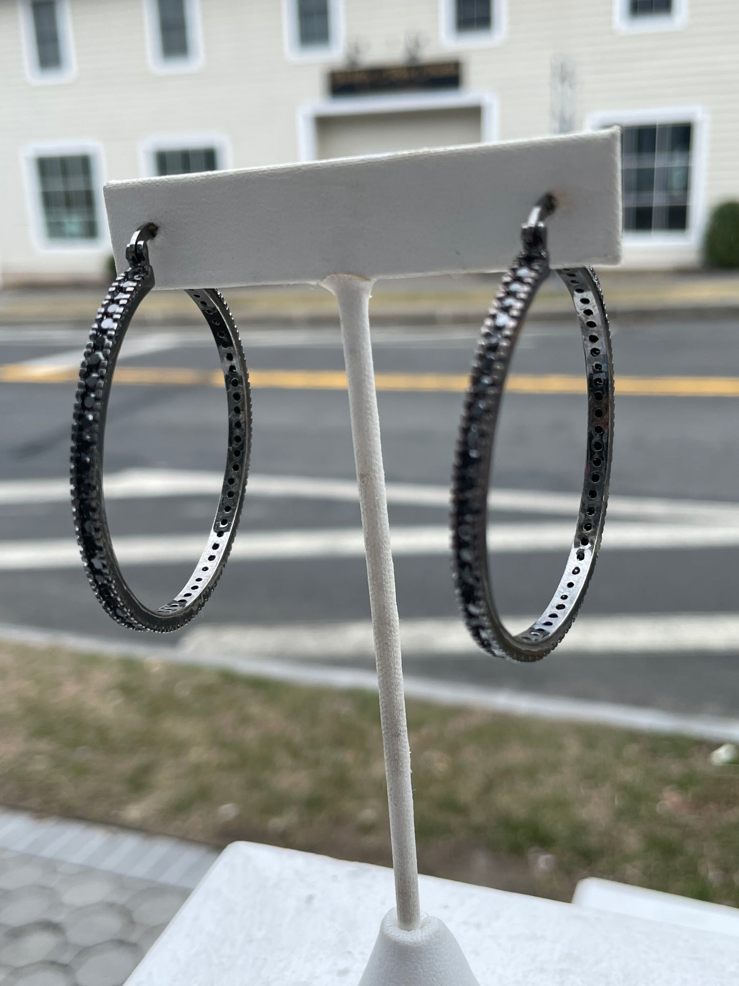 925 Sterling Silver 50mm Black Zirconia Hoop Earrings