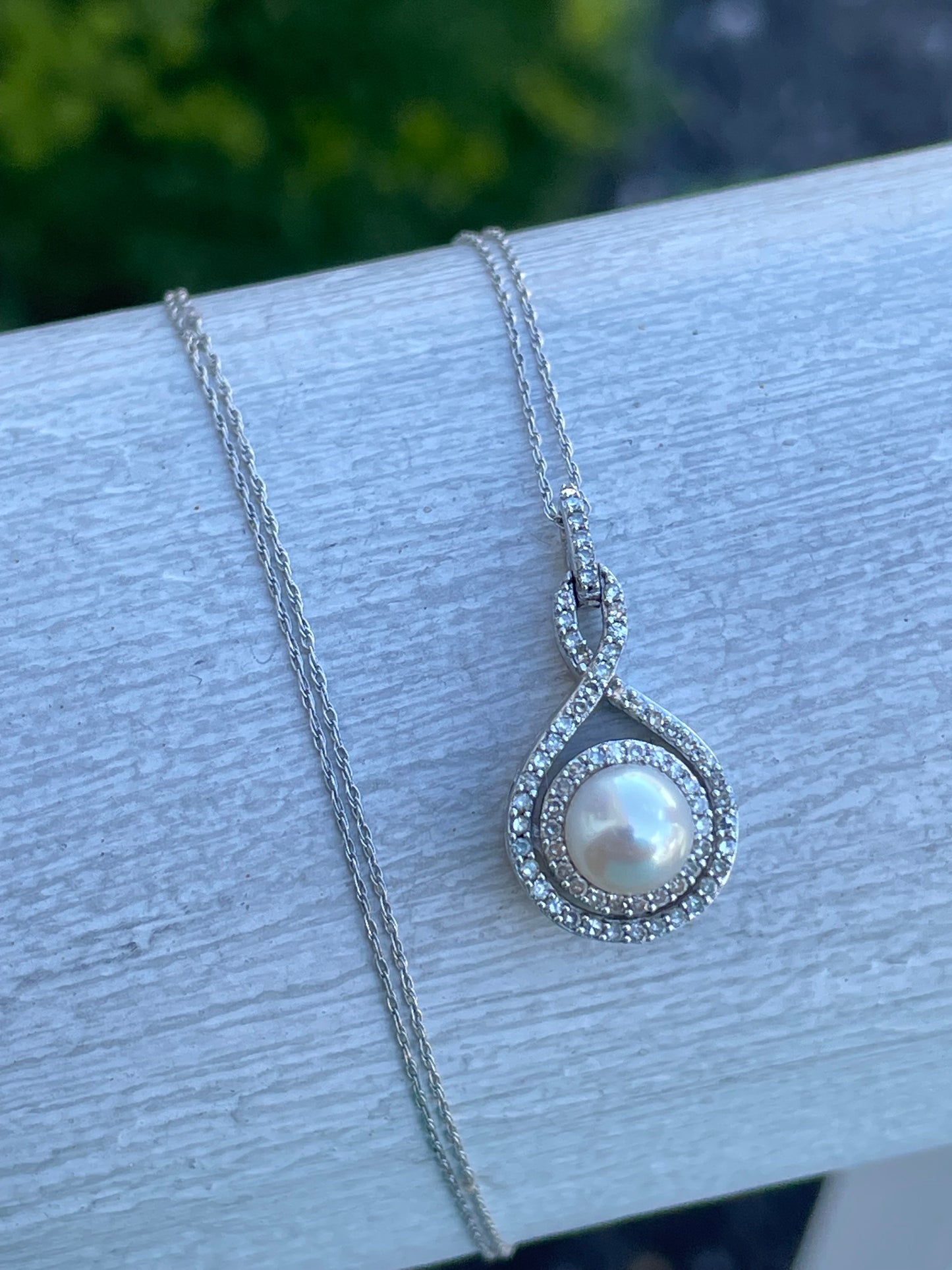 14k White Gold Natural Pearl & Diamond Infinity Swirl Necklace