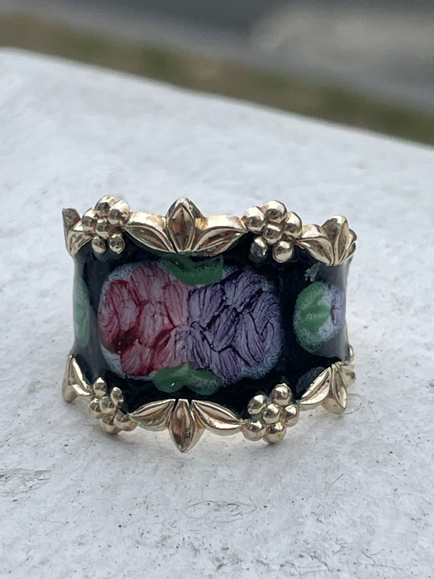 925 Sterling Silver Vermeil Hand Enameled Flower Band Ring Size 8