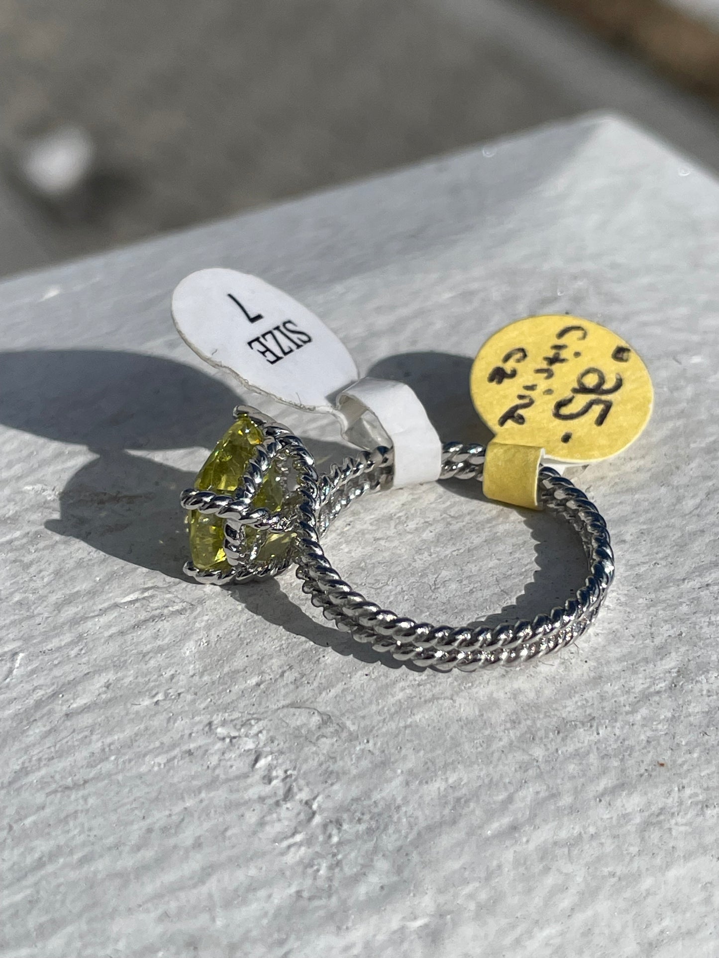 925 Sterling Silver Lime Citrine Tapered Cable Band Ring Size 7