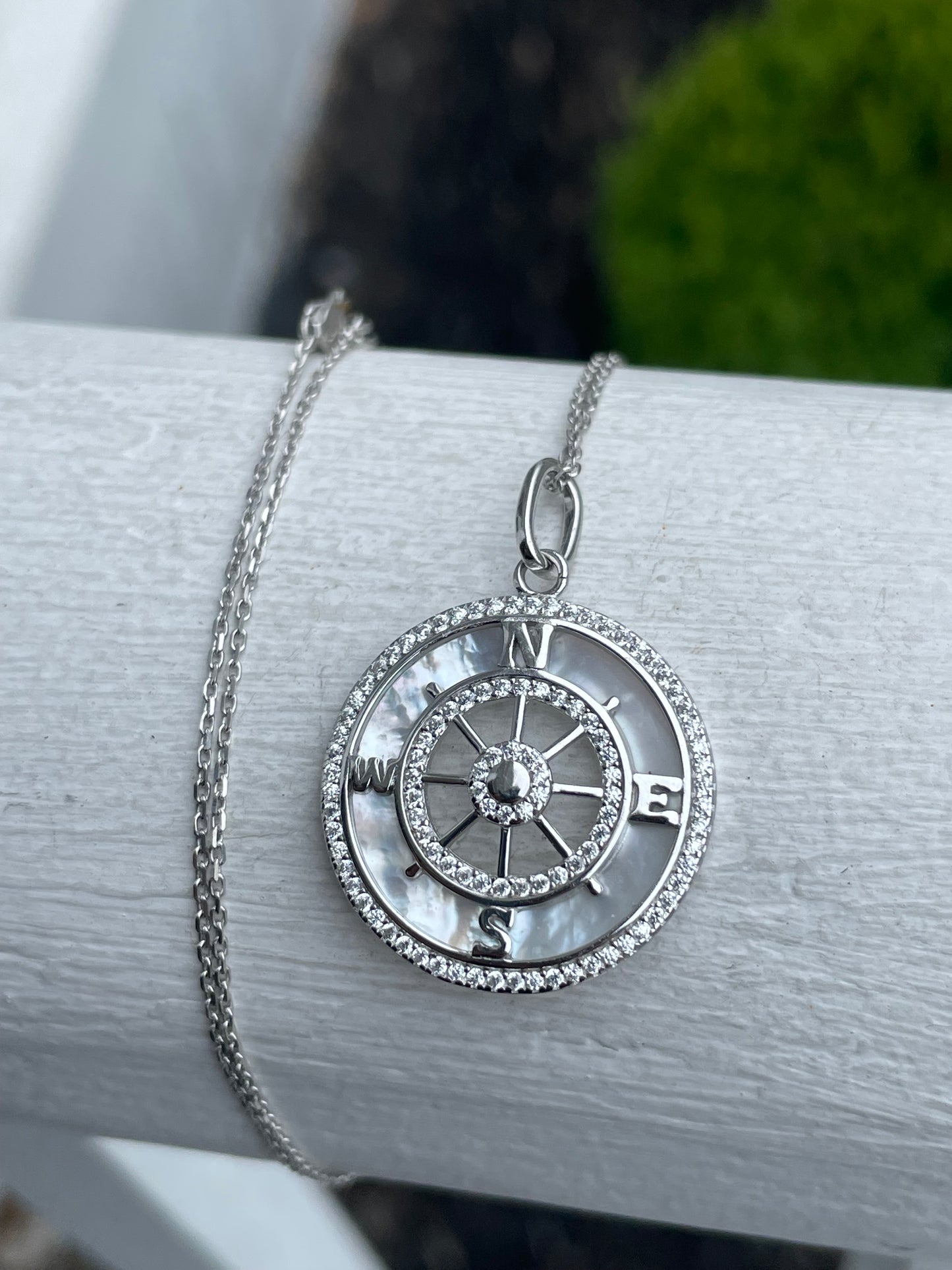 925 Sterling Silver Mother of Pearl & Cz Compass Necklace 16”-18”