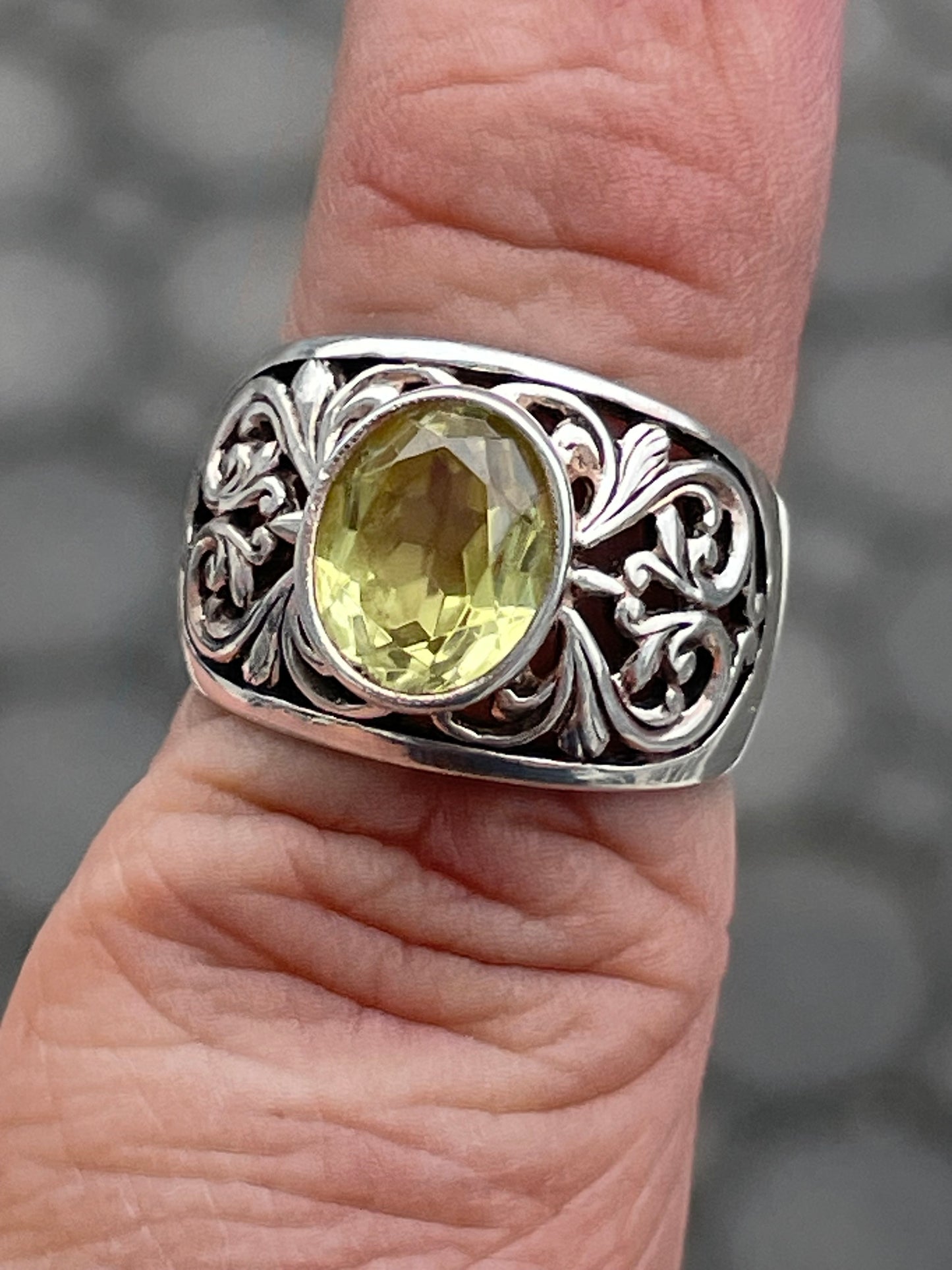 925 Sterling Silver Natural Lemon Citrine Filigree Band Ring Size 7