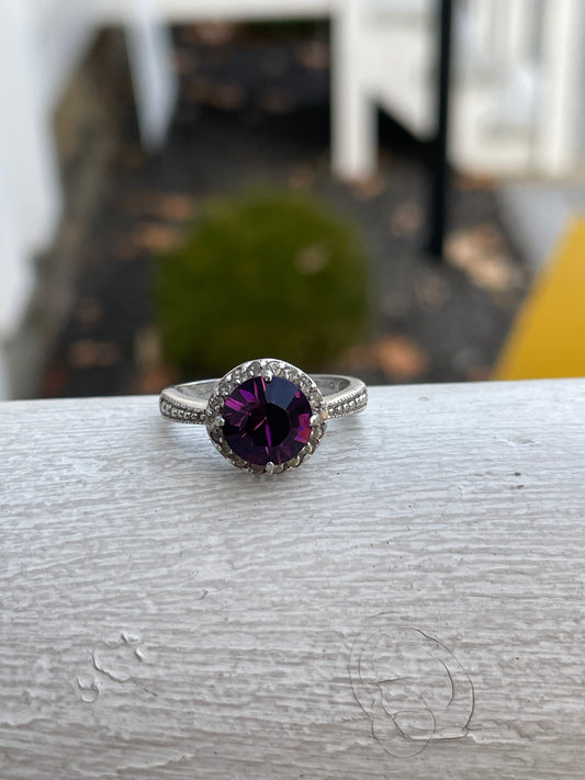 925 Sterling Silver Purple Crystal Ring Size 7