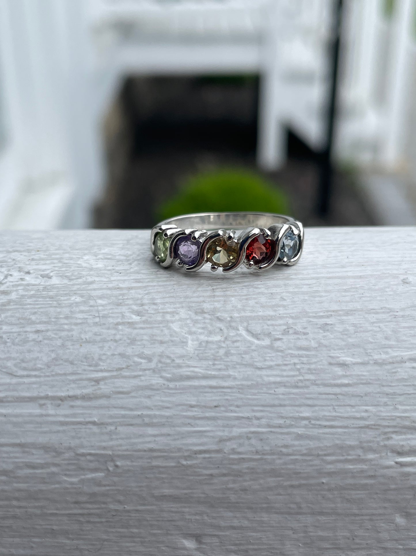 925 Sterling Silver Natural Multi Color Stones Band Ring Size 7