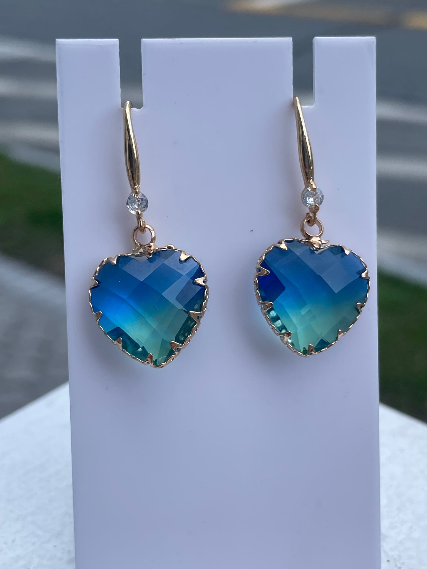 Gold Plated Heart Shape Bi-Color Quartz Stone Dangle Earrings