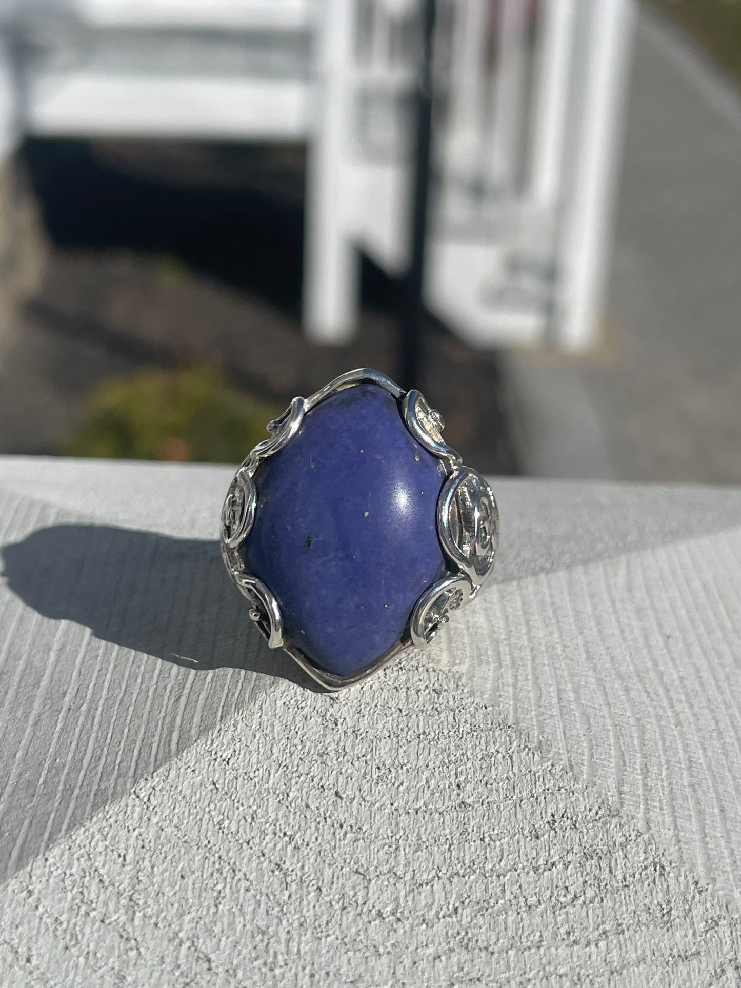 925 Sterling Silver Large Curved Rhombus Blue Lapis Statement Ring Size 8