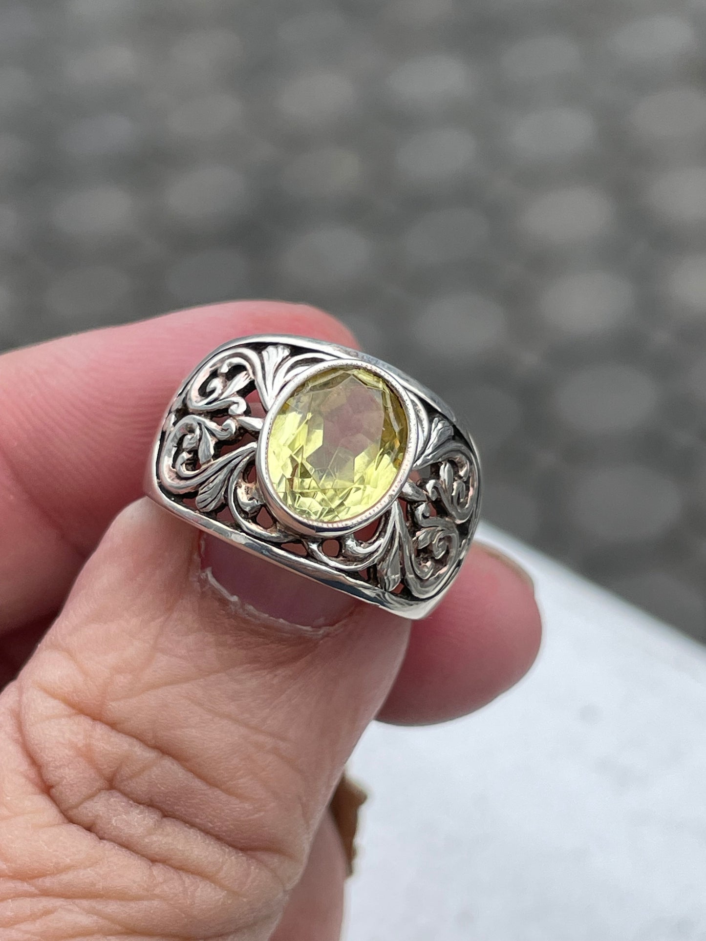 925 Sterling Silver Natural Lemon Citrine Filigree Band Ring Size 7