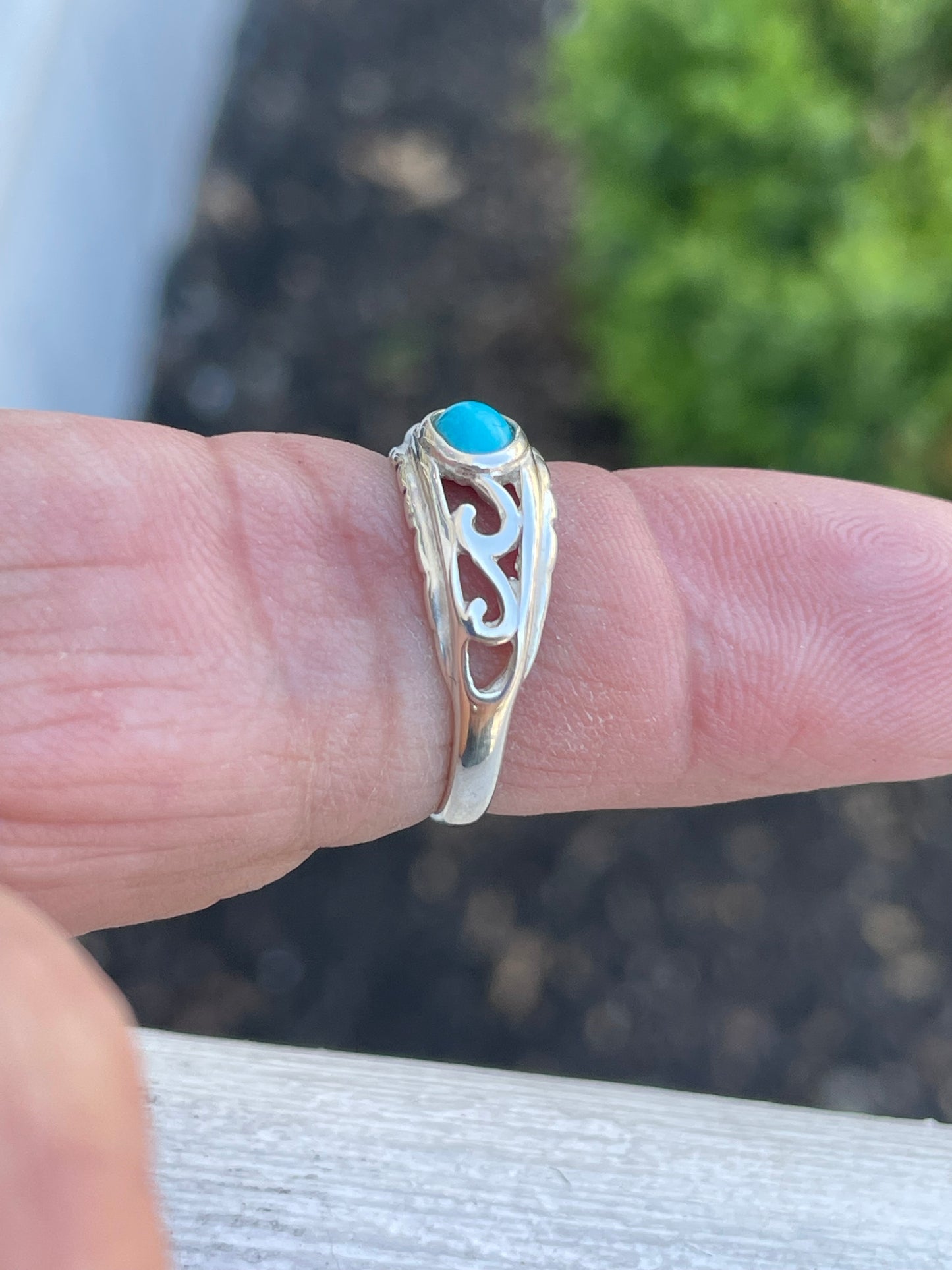 925 Sterling Silver Openwork Filigree Turquoise Band Ring Size 7