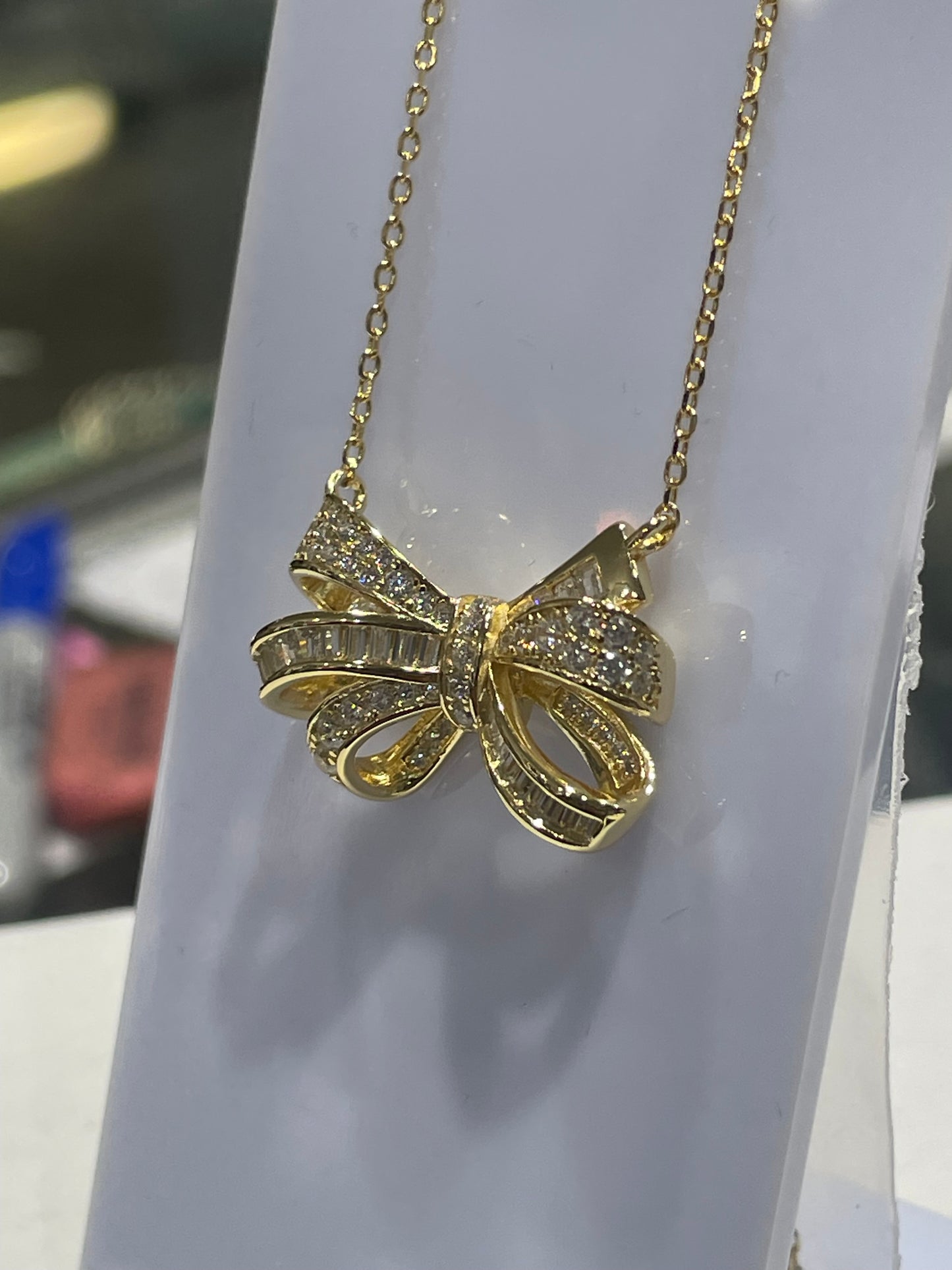 925 Sterling Silver Vermeil Sparkling Cz Bow Necklace