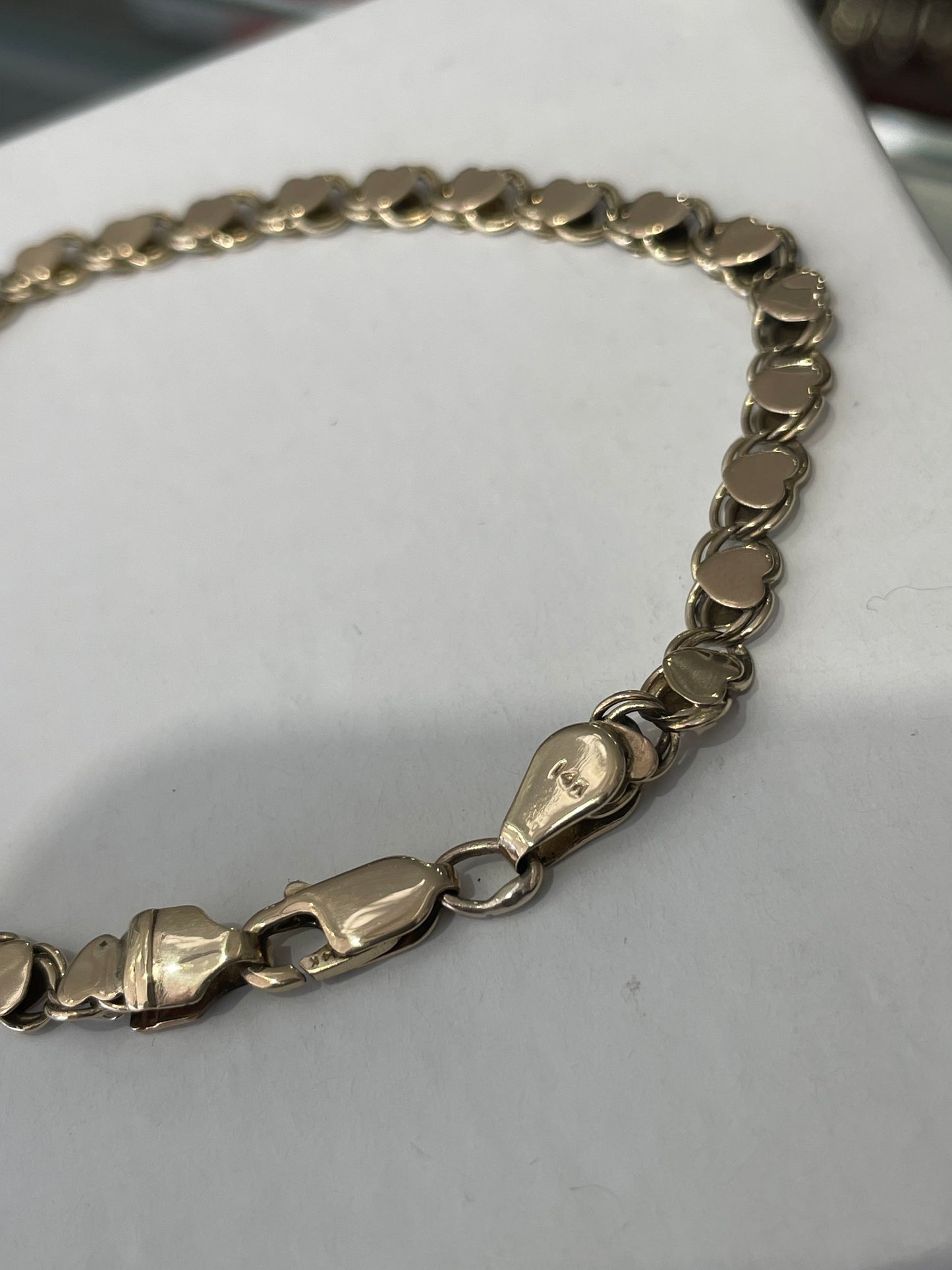 Solid 14k Gold Vintage Signet Heart Upon Heart Cobblestone Link Bracelet 8”