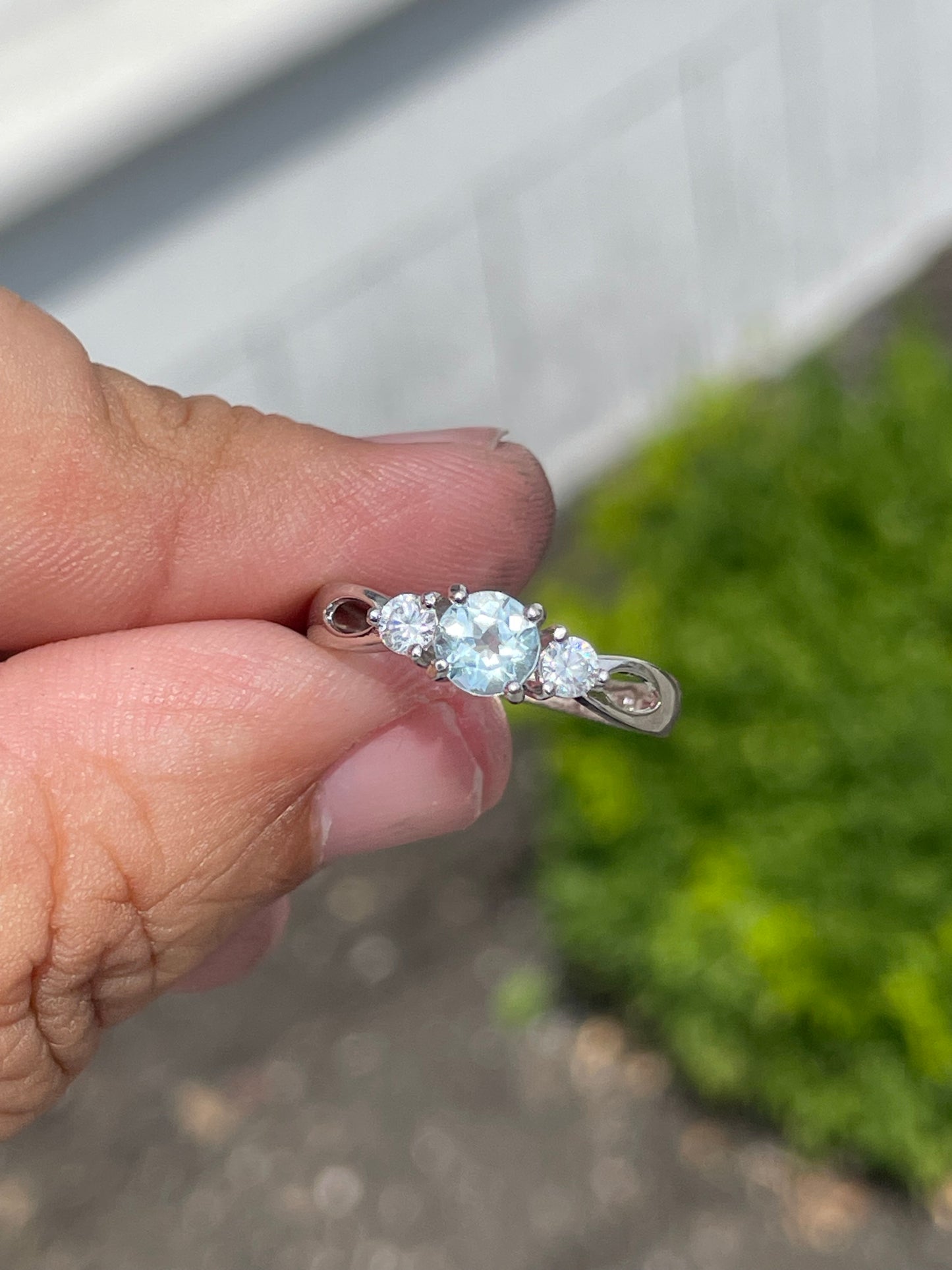 925 Sterling Silver PPF Aquamarine & Cz Ring Size 7
