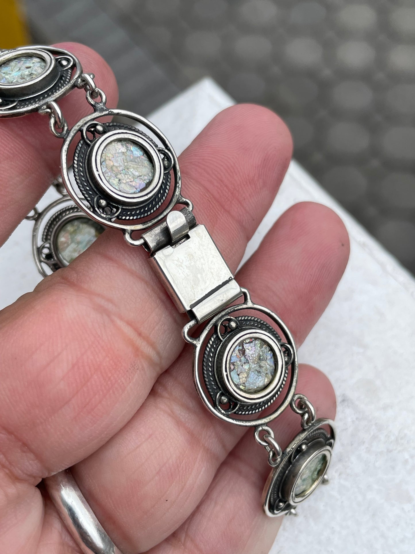 925 Sterling Silver Dichroic Glass Crop Circe Bracelet Slide Lock 8” Wrist