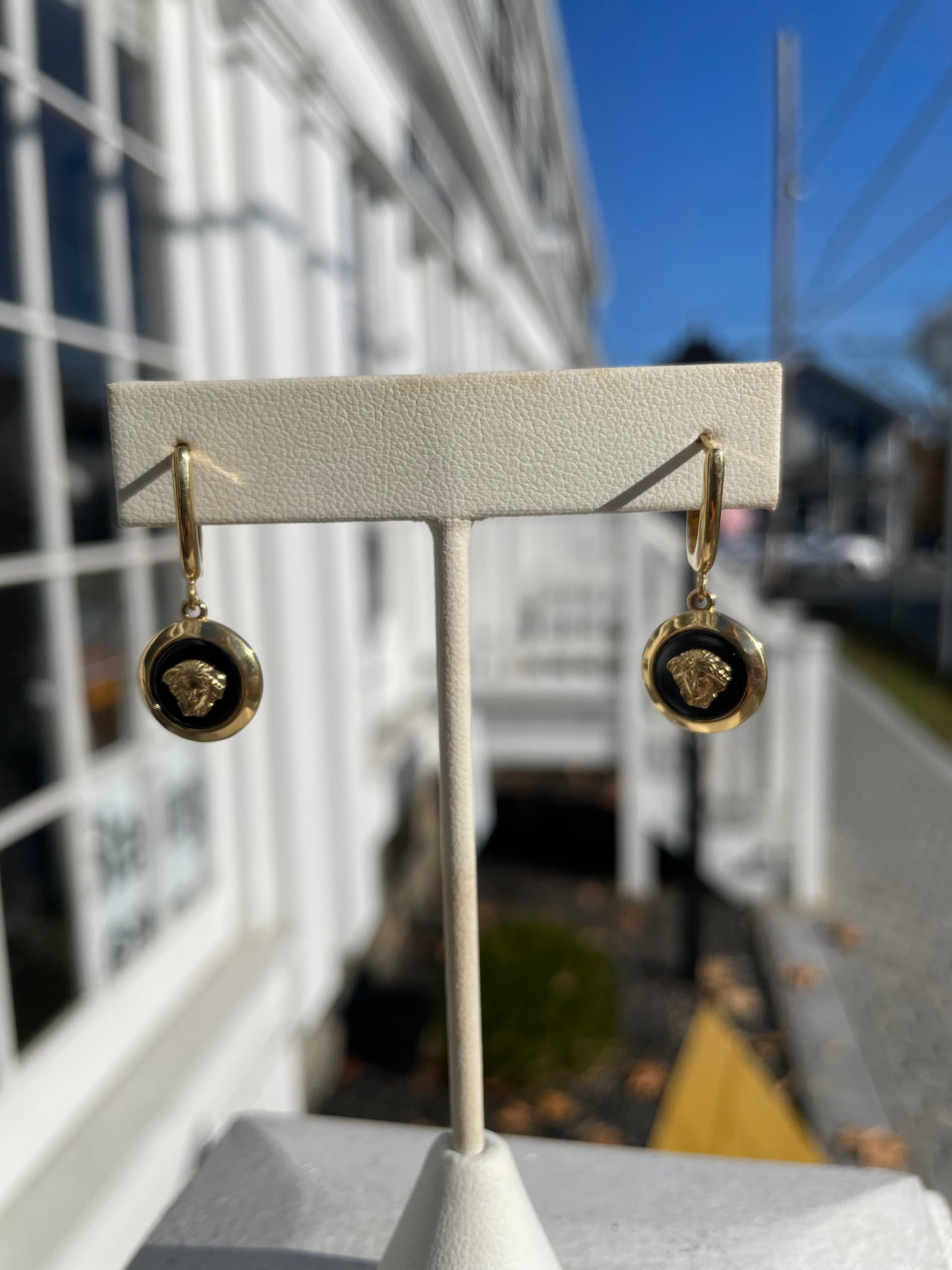 14k Gold Versace Style Logo Black Onyx Dangle Earrings