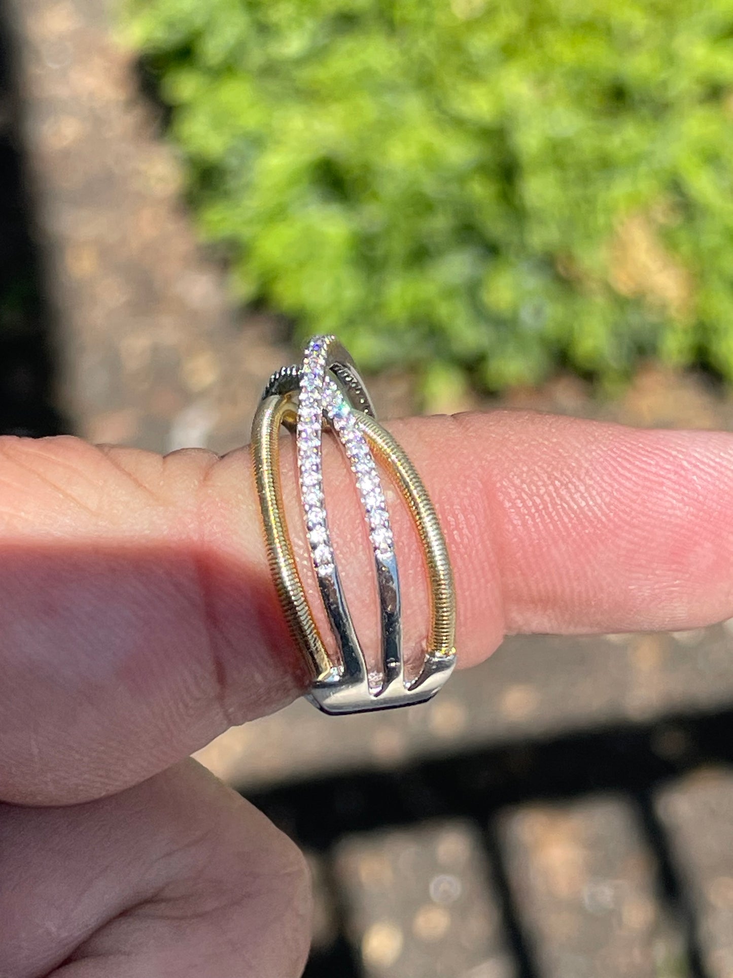 925 Sterling Silver 2tone Vermeil Cz Crossover Band Ring Size 7