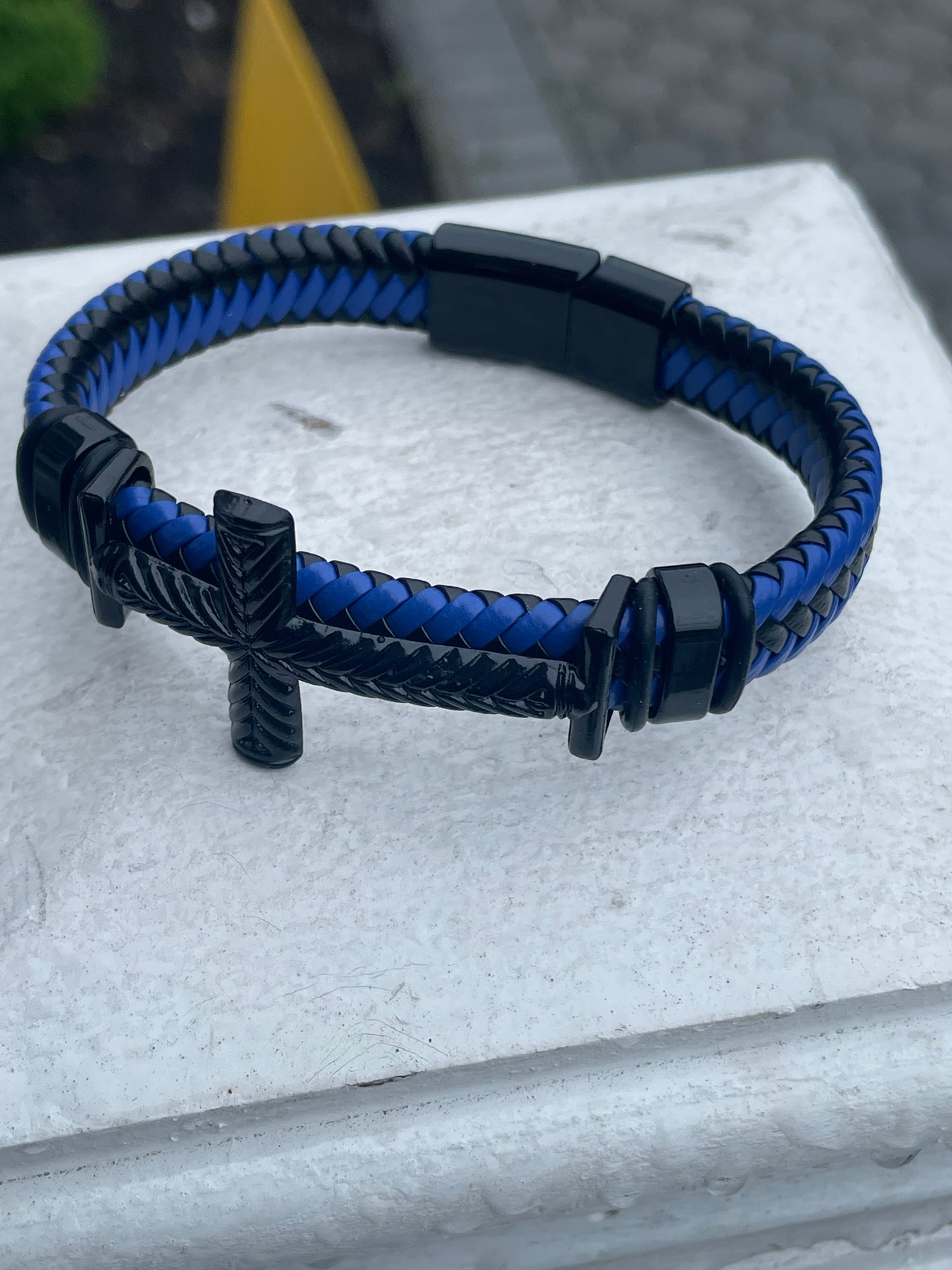 Stainless Steel & Leather Sideways Cross Bracelet 8”