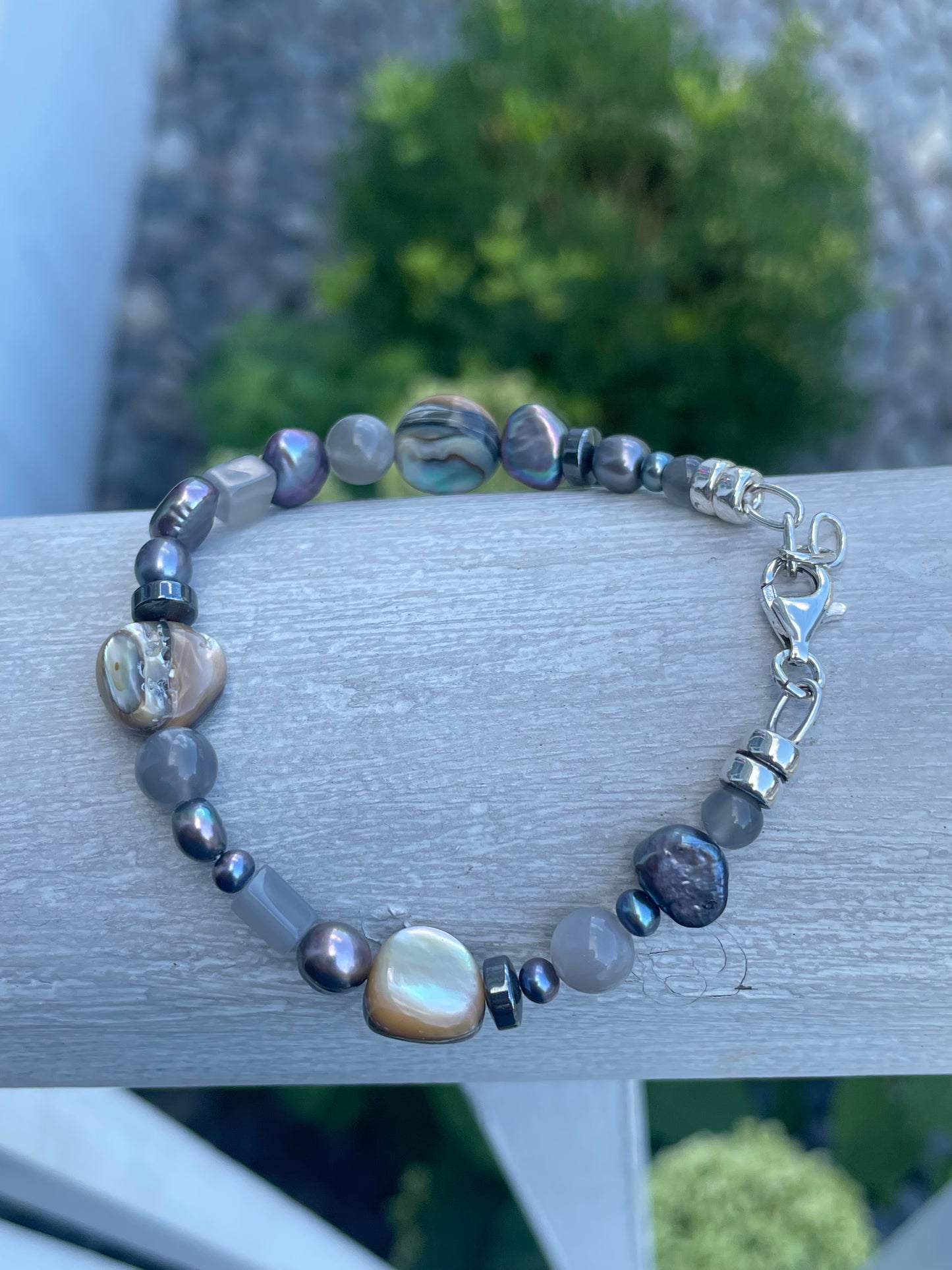 925 Sterling Silver Natural Abalone, Mother of Pearl, Gray Moonstone & Hematite Stone Bracelet