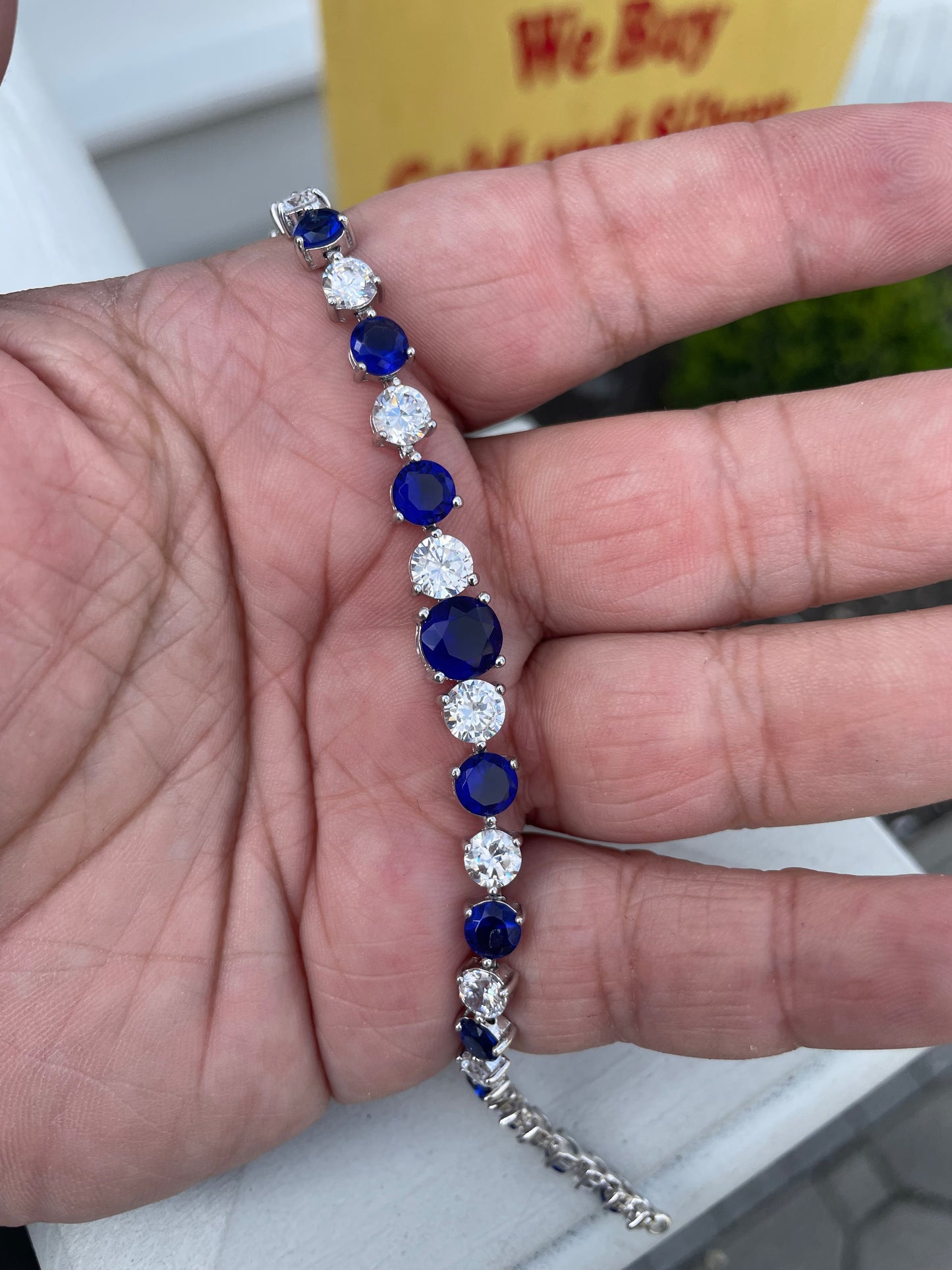 925 Sterling Silver Blue & Clear Cz Graduated Tennis Bracelet