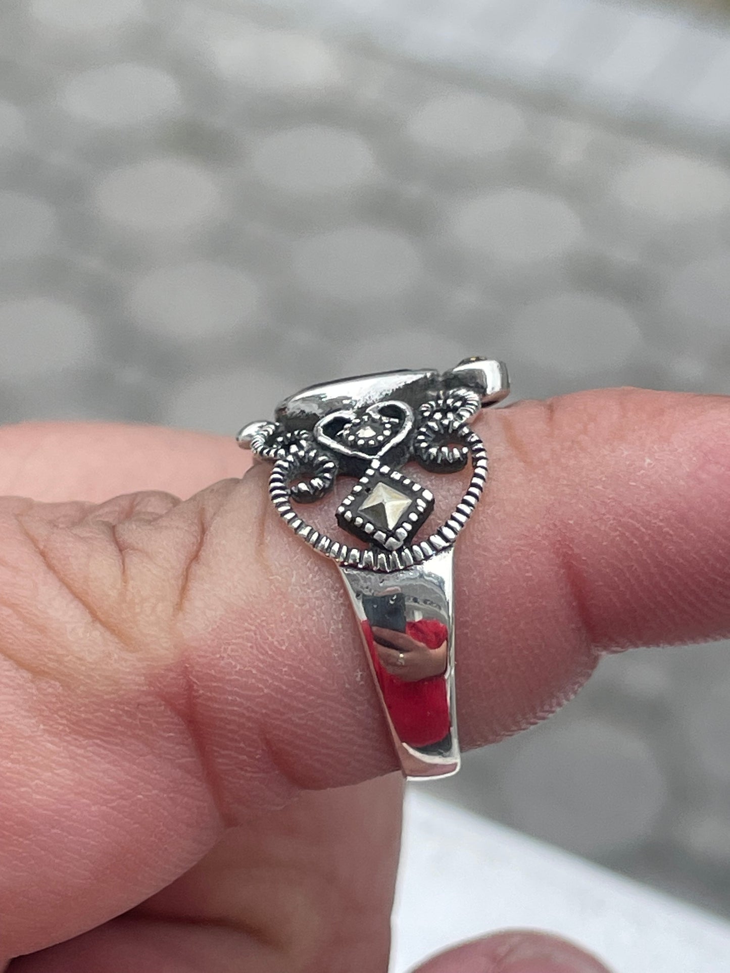 925 Sterling Silver Smoky Quartz & Marcasite Band Ring Size 7.5