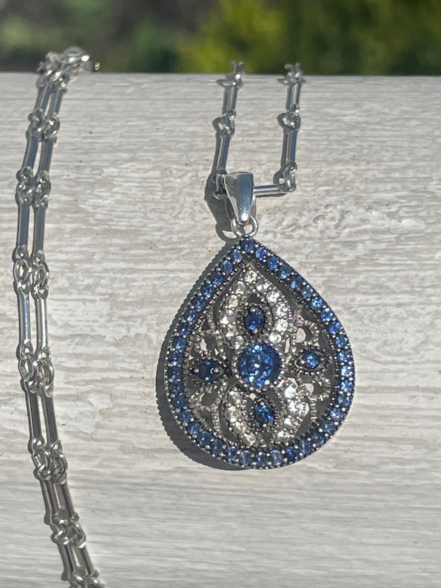 925 Sterling Silver Filigree Art Deco Necklace w/ Sapphire & White Topaz Stones
