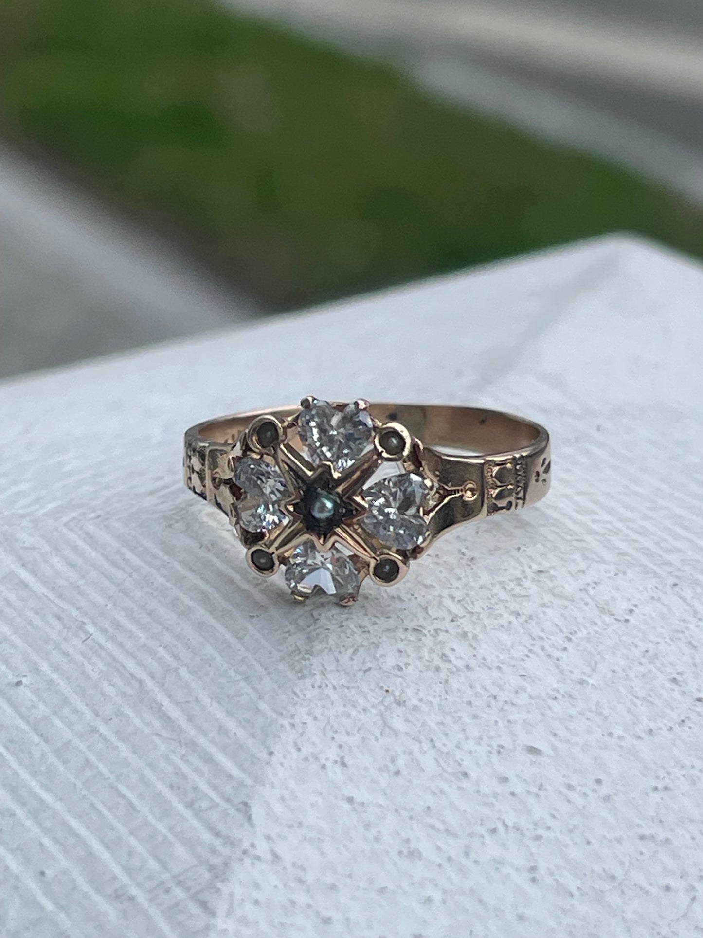 14k Rose Gold Antique Heart Cz & South Sea India Pearl Cluster Ring Size 7