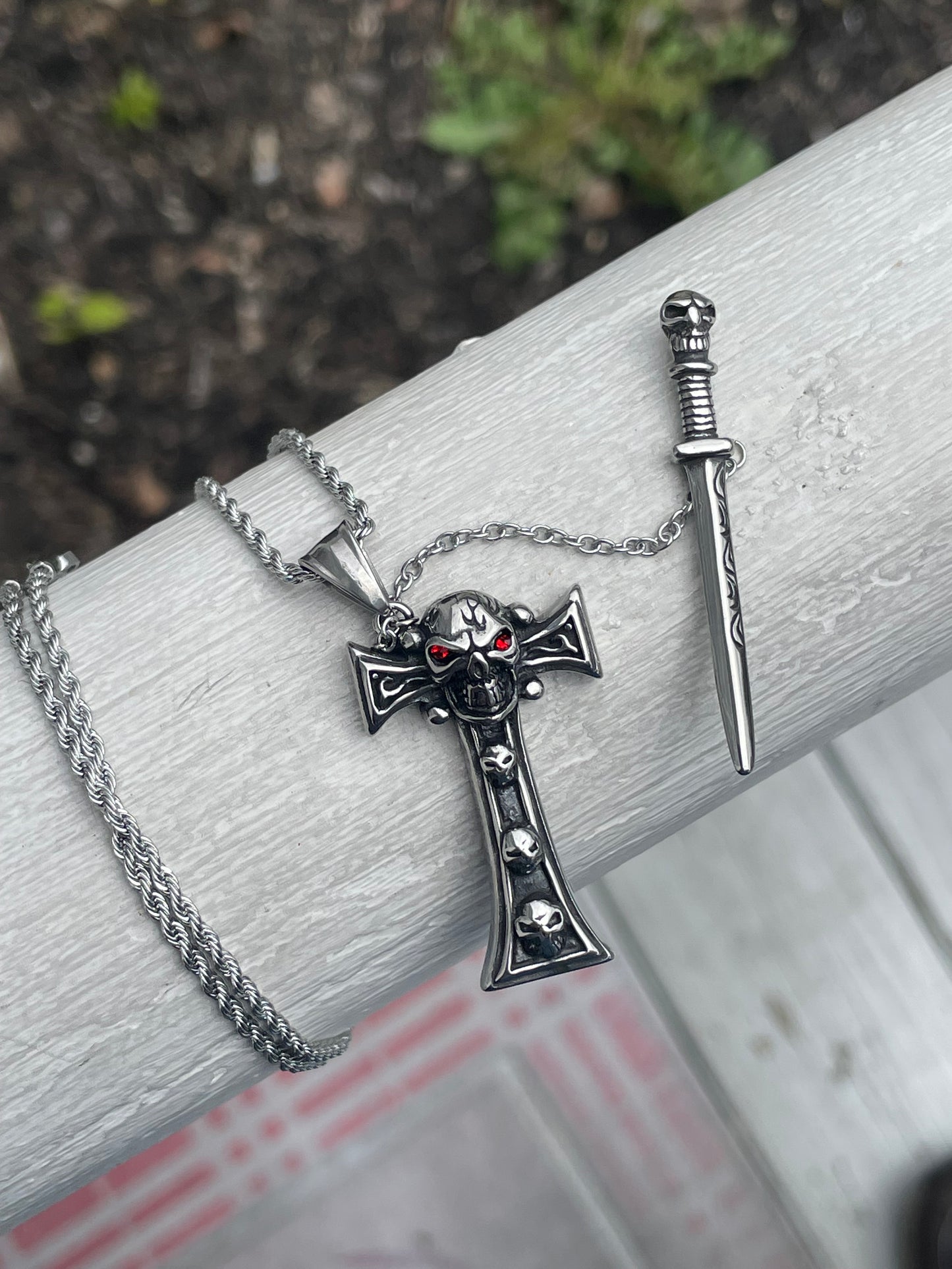 Stainless Steel Skull Cross & Dagger Necklace