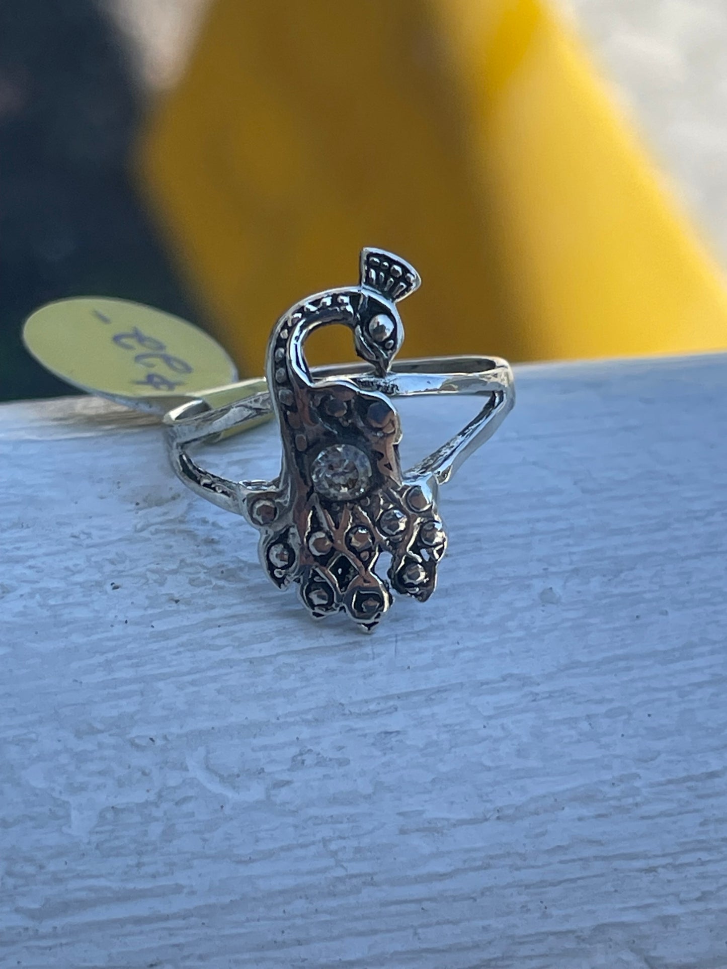 925 Sterling Silver Peacock Ring with Marcasite stones size 7.5