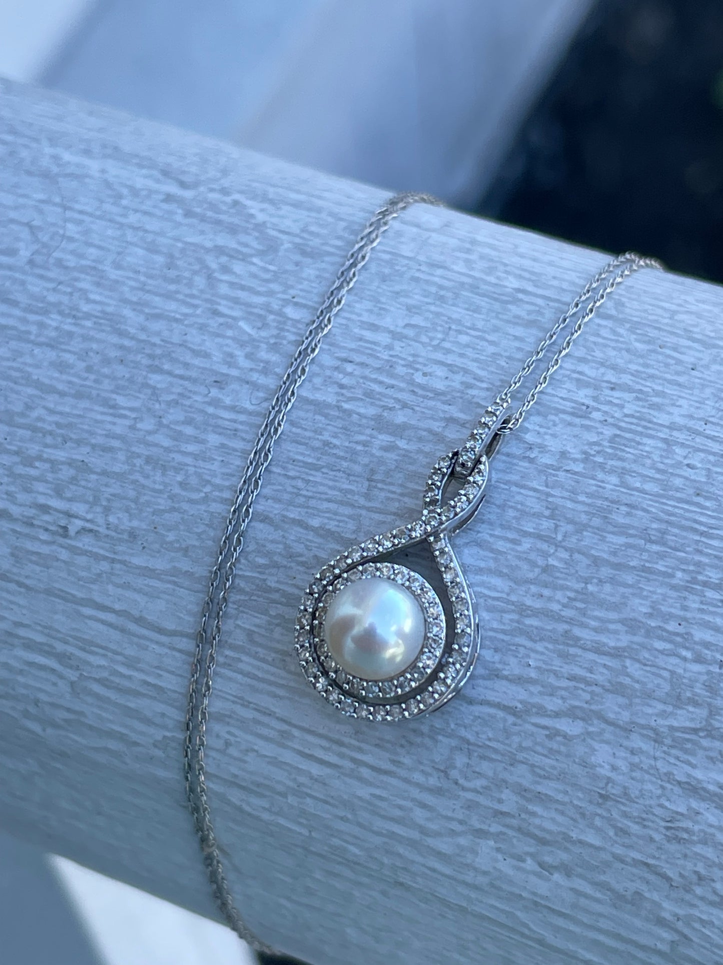 14k White Gold Natural Pearl & Diamond Infinity Swirl Necklace
