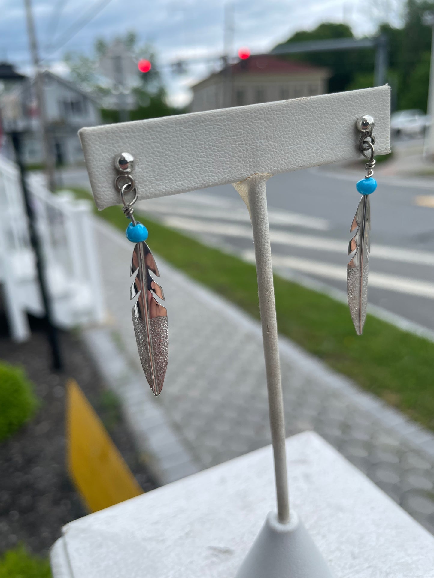 925 Sterling Silver Dangle Turquoise Feather Earrings