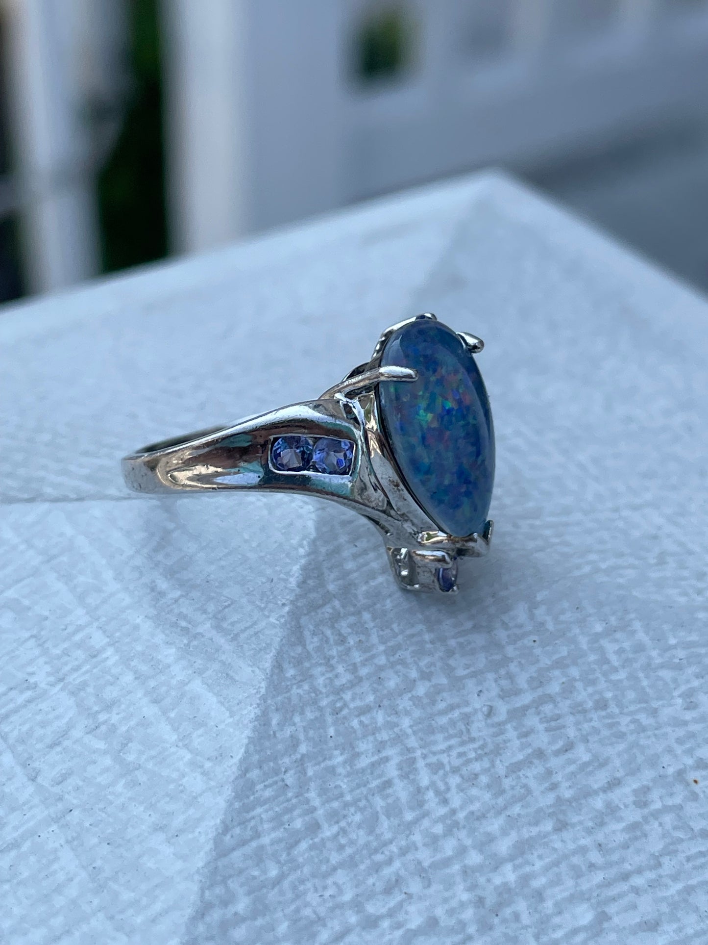 925 Sterling Silver Blue Opal & Tanzanite Ring Size 6
