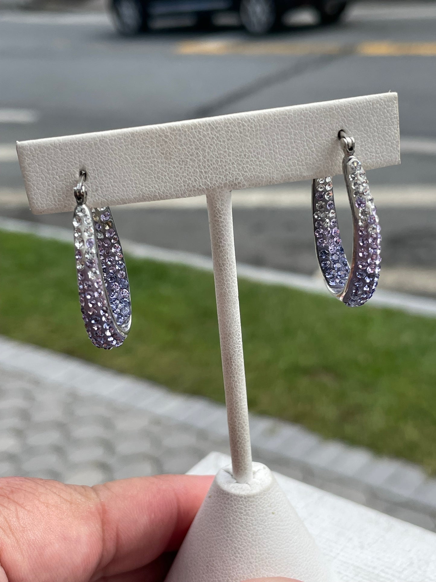 925 Sterling Silver Lavender to Clear Ombré Crystal Oblong Hoop Earrings