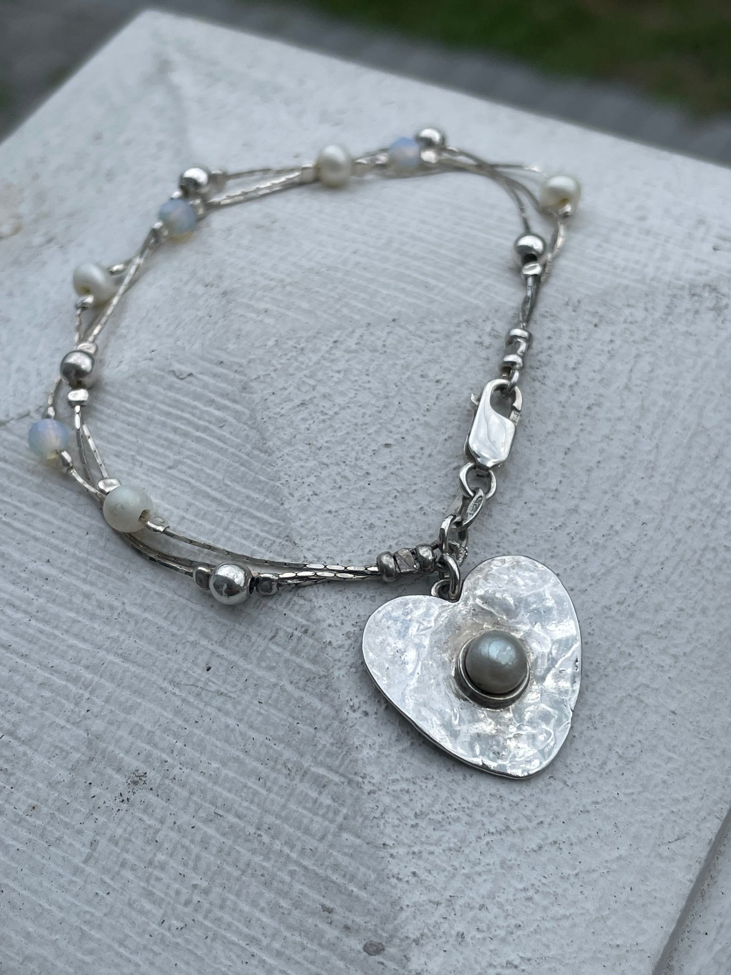 925 Sterling Silver Triple Strand Opalite & Pearl Heart Bracelet 7”