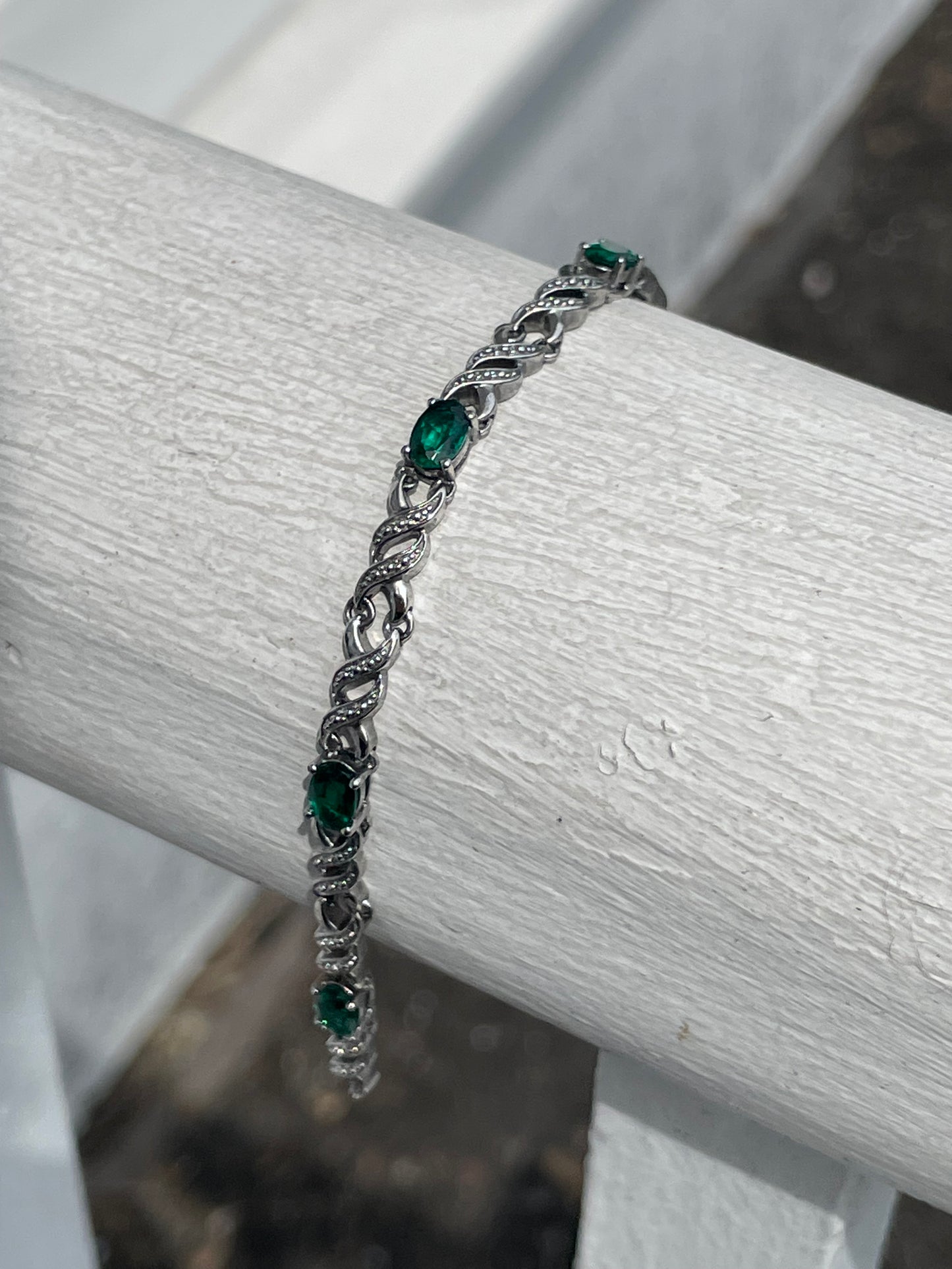 925 Sterling Silver Simulated Emerald Stone Tennis Bracelet 6.75”