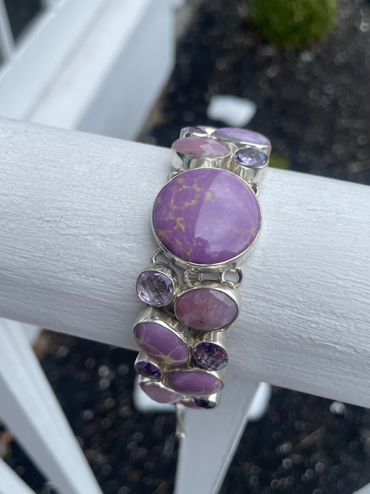 925 Sterling Silver Large Stone Cluster Bracelet ~ Amethyst Rose Quartz & Lavender Agate 8”
