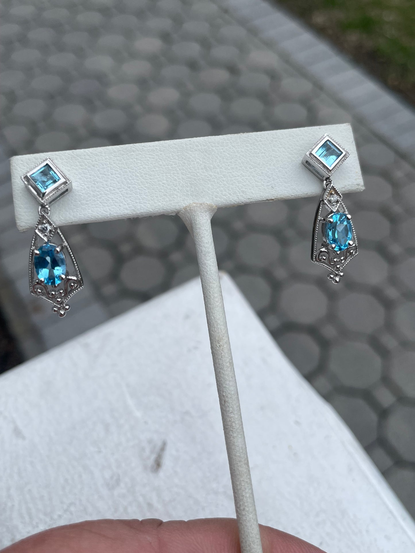 14k White Gold Blue Topaz & Diamond Drop Earrings
