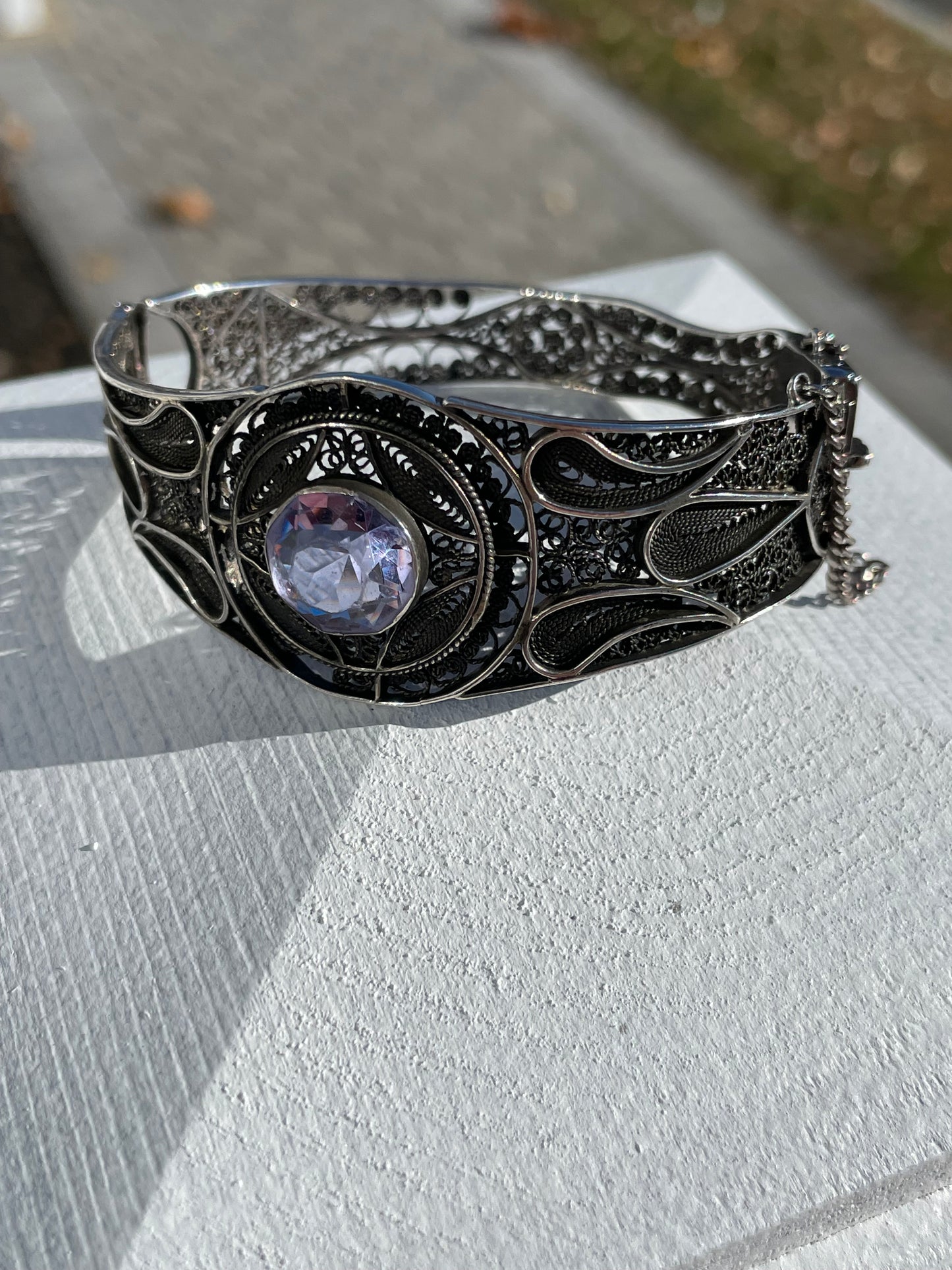 Vintage 925 Sterling Silver Lab Created Amethyst Wire Filigree Bracelet 7”