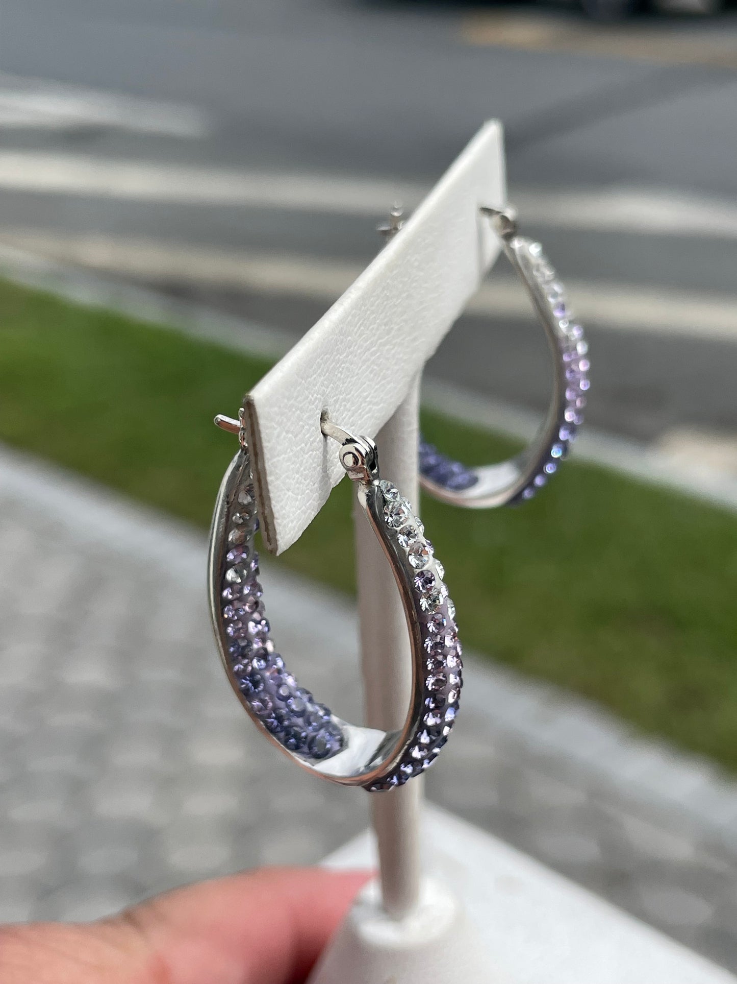 925 Sterling Silver Lavender to Clear Ombré Crystal Oblong Hoop Earrings
