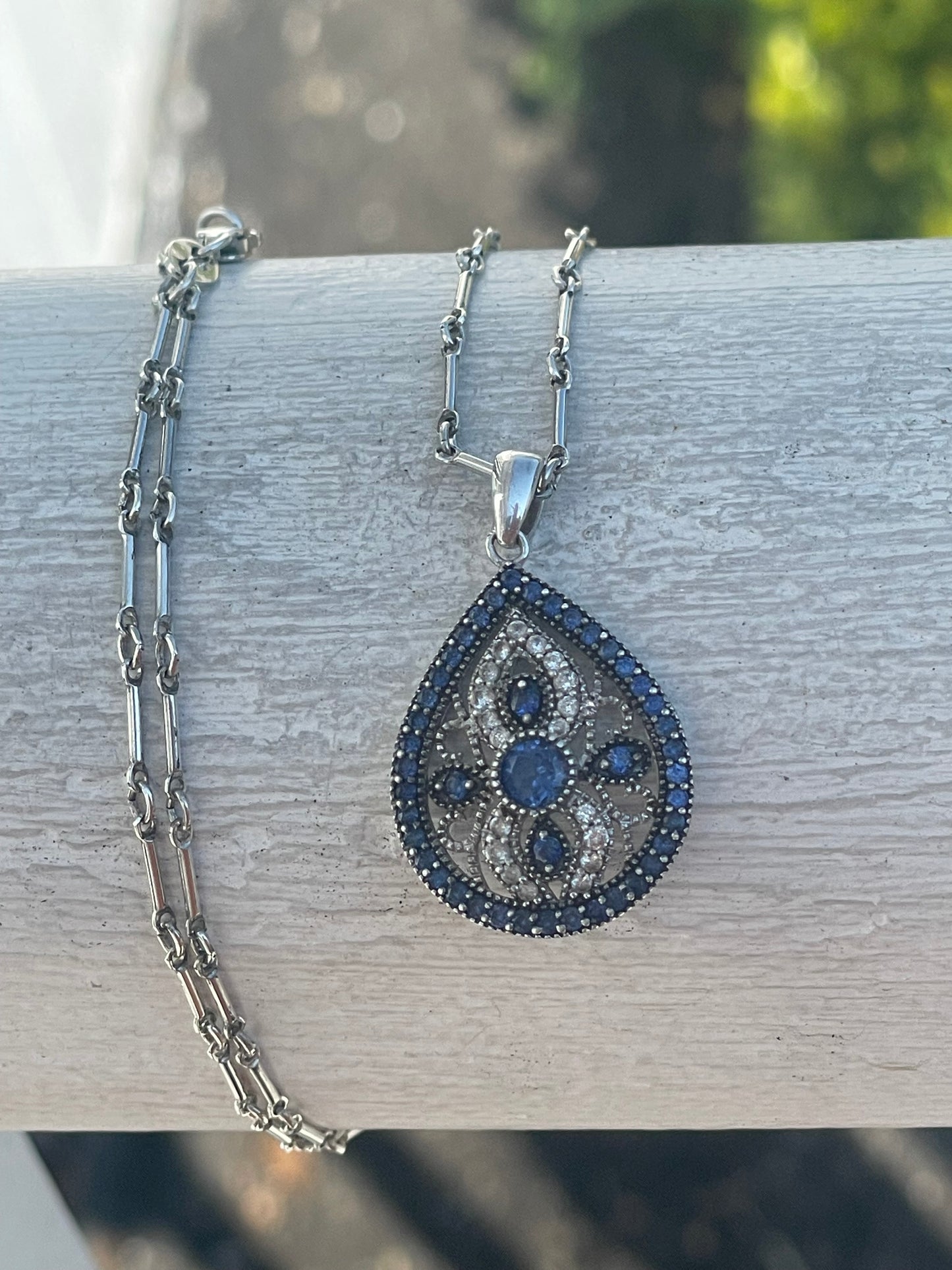 925 Sterling Silver Filigree Art Deco Necklace w/ Sapphire & White Topaz Stones