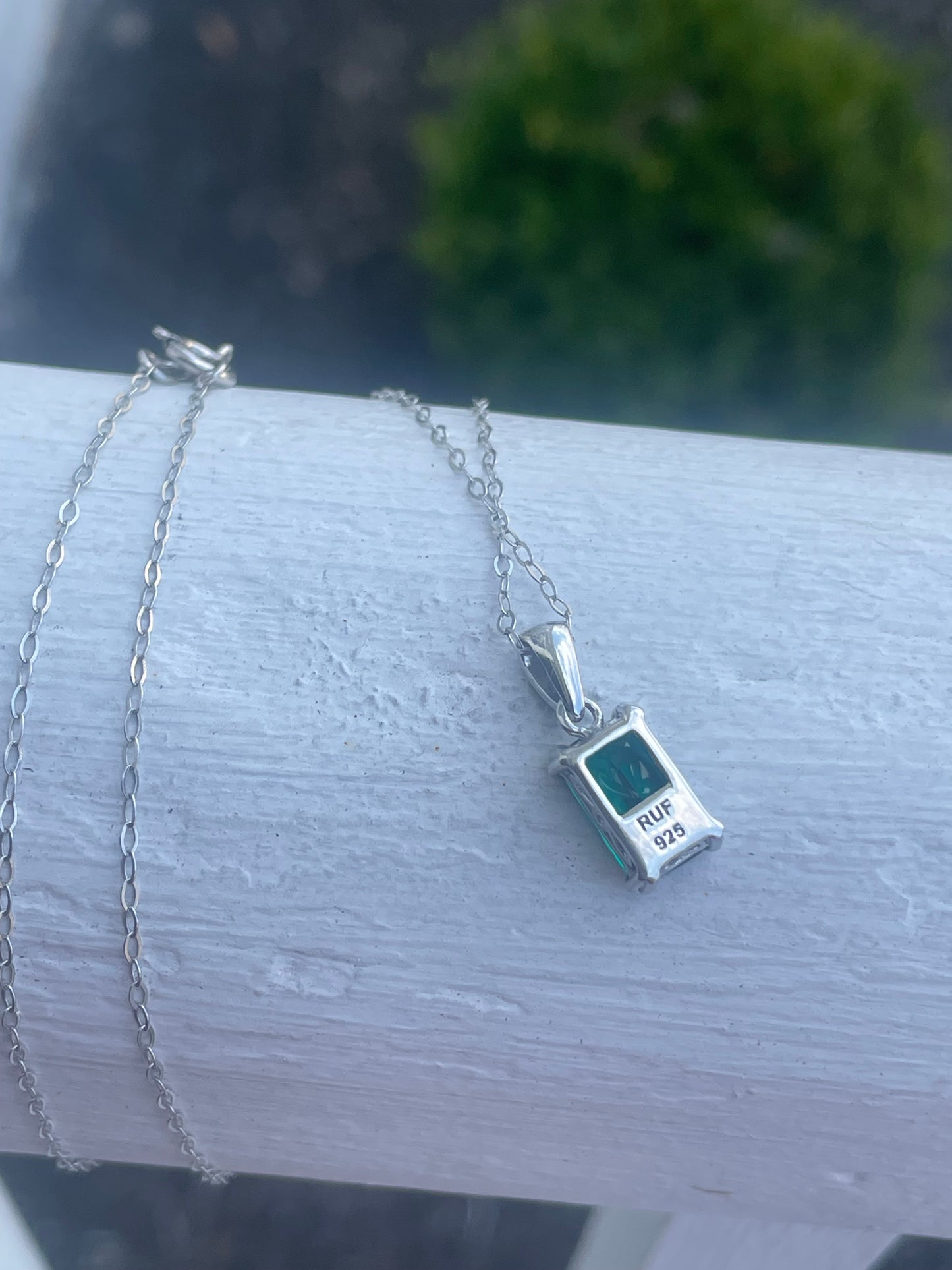 925 Sterling Silver Synthetic Emerald Solitaire Necklace 18”