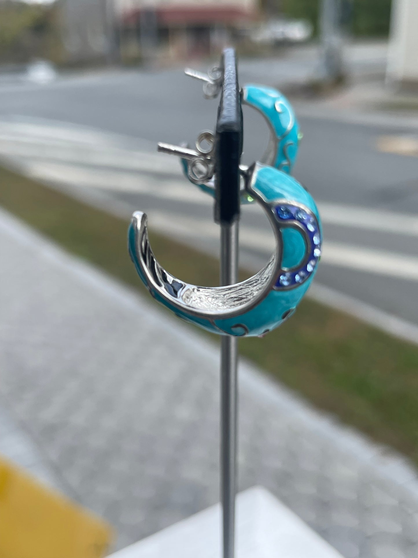 Designer David Sigal Decorative Blue Enamel 3/4 Hoop Earrings